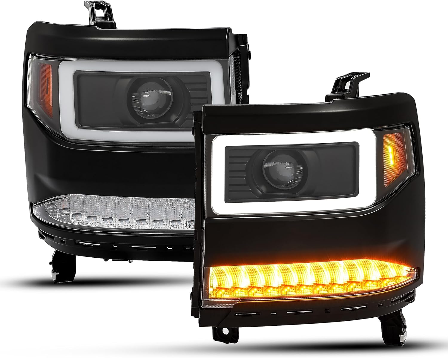 HECASA Pair LED Projector Headlights Compatible with 2016 2017 2018 Chevy Chevrolet Silverado 1500 LED Tube DRL Headlamps Assembly Driver & Passenger Side Clear Lens+Black Housing