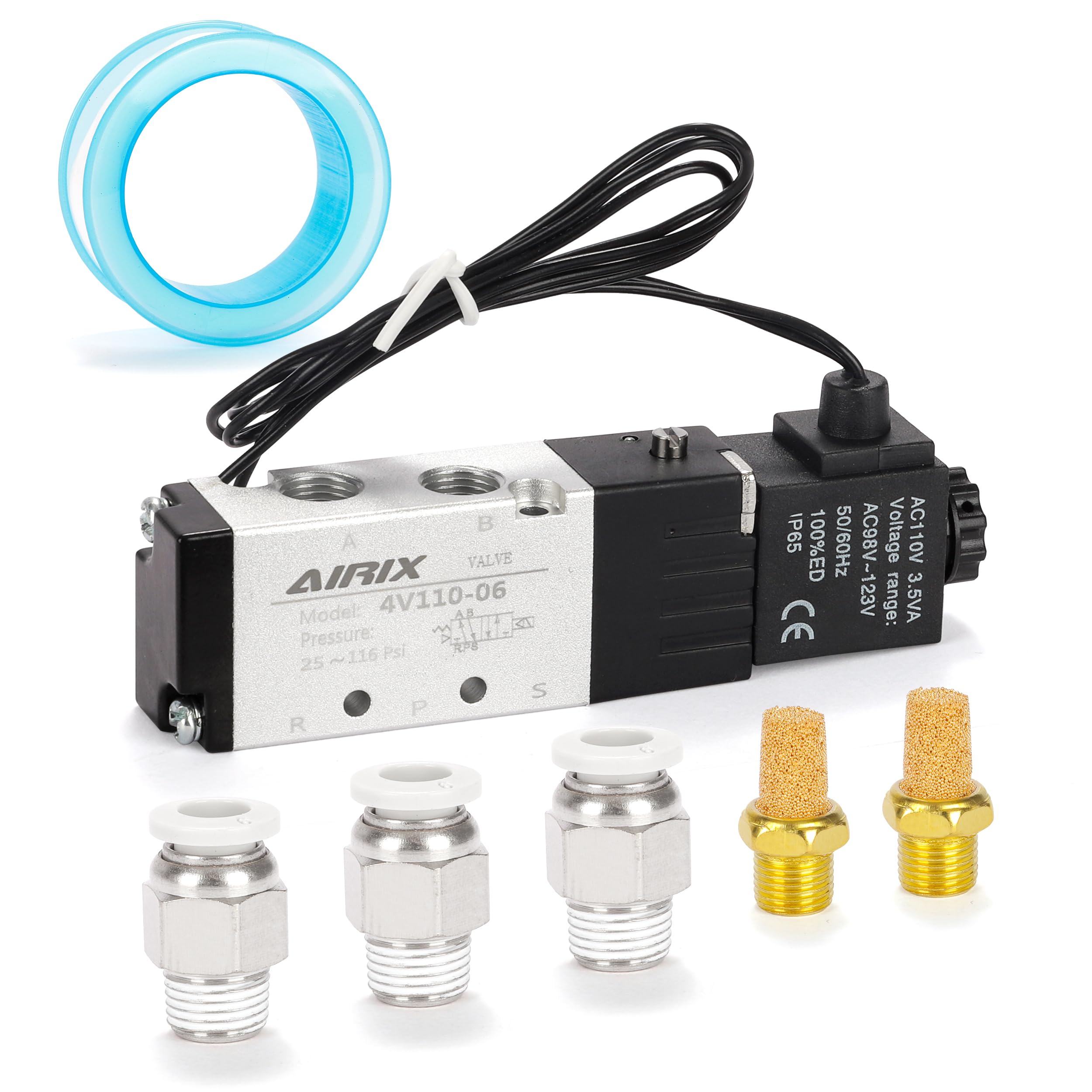 4V110-06 Pneumatyczny zawór elektromagnetyczny, AC 110 V, 2 pozycje, 5-drożny, 0,3 cm NPT, pojedyncza cewka sterowana pilotem, szybka reakcja, elektryczny zawór powietrza, poza linią i