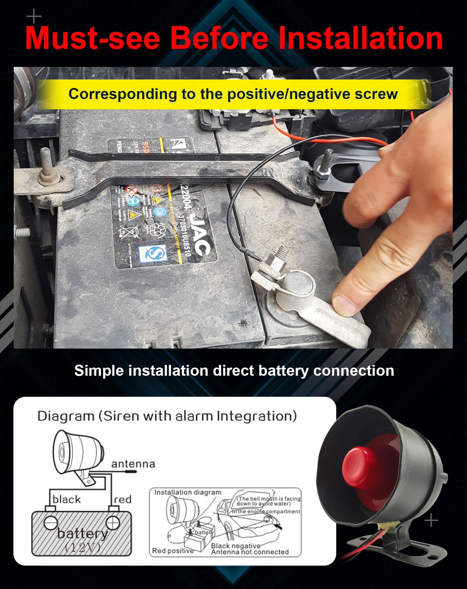 CHADWICK Sirène d'alarme pour voiture 12 V DC, universelle, 2 télécommandes, dispositif antivol, sensibilité à 7 niveaux, pas de coupe de fil, installation non destructive (CW-8152)