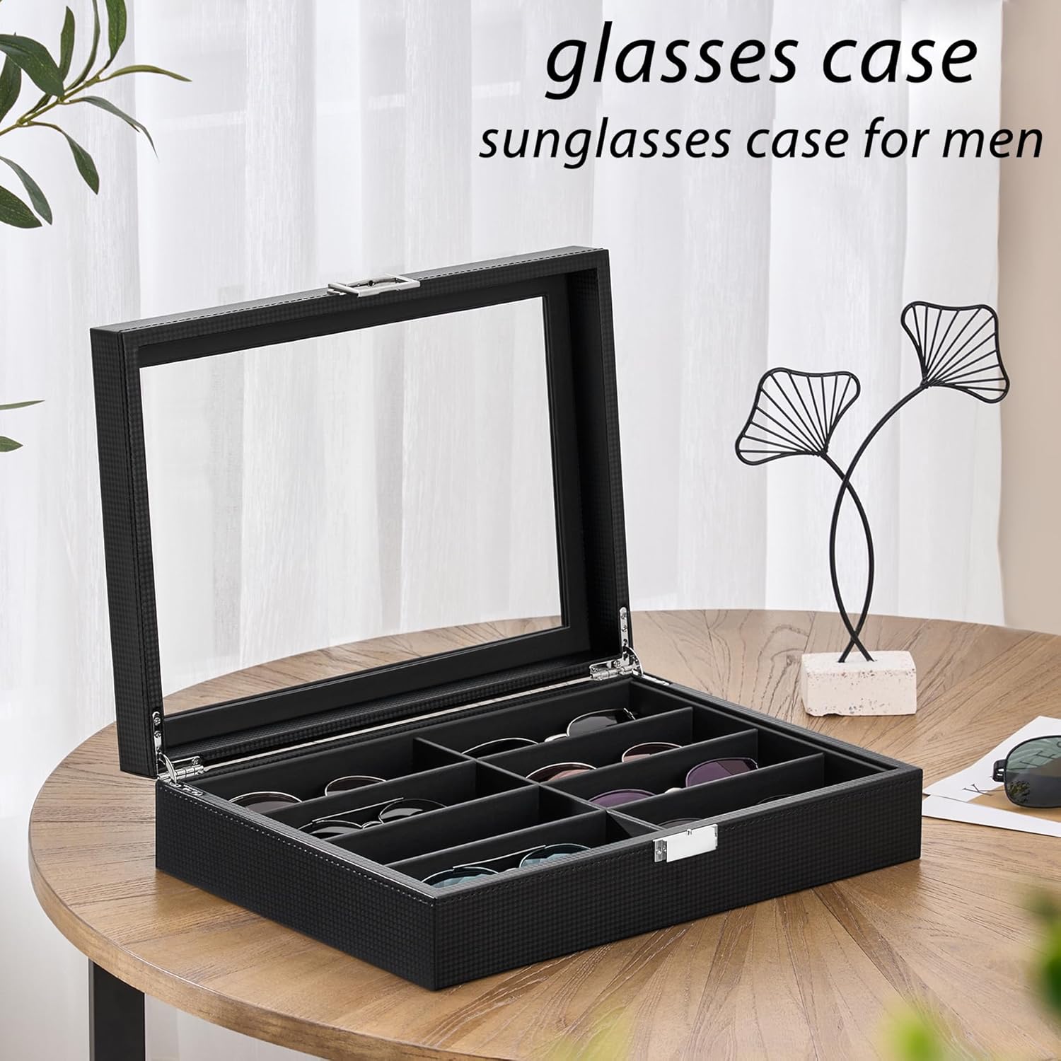 BEWISHOME Glasses Organizer for Men, Sunglasses Organizer, 8-Slot Sunglasses Storage Case with Large Clear Glass Lid, PU Leather Lined Eyewear Display Box - Image 9