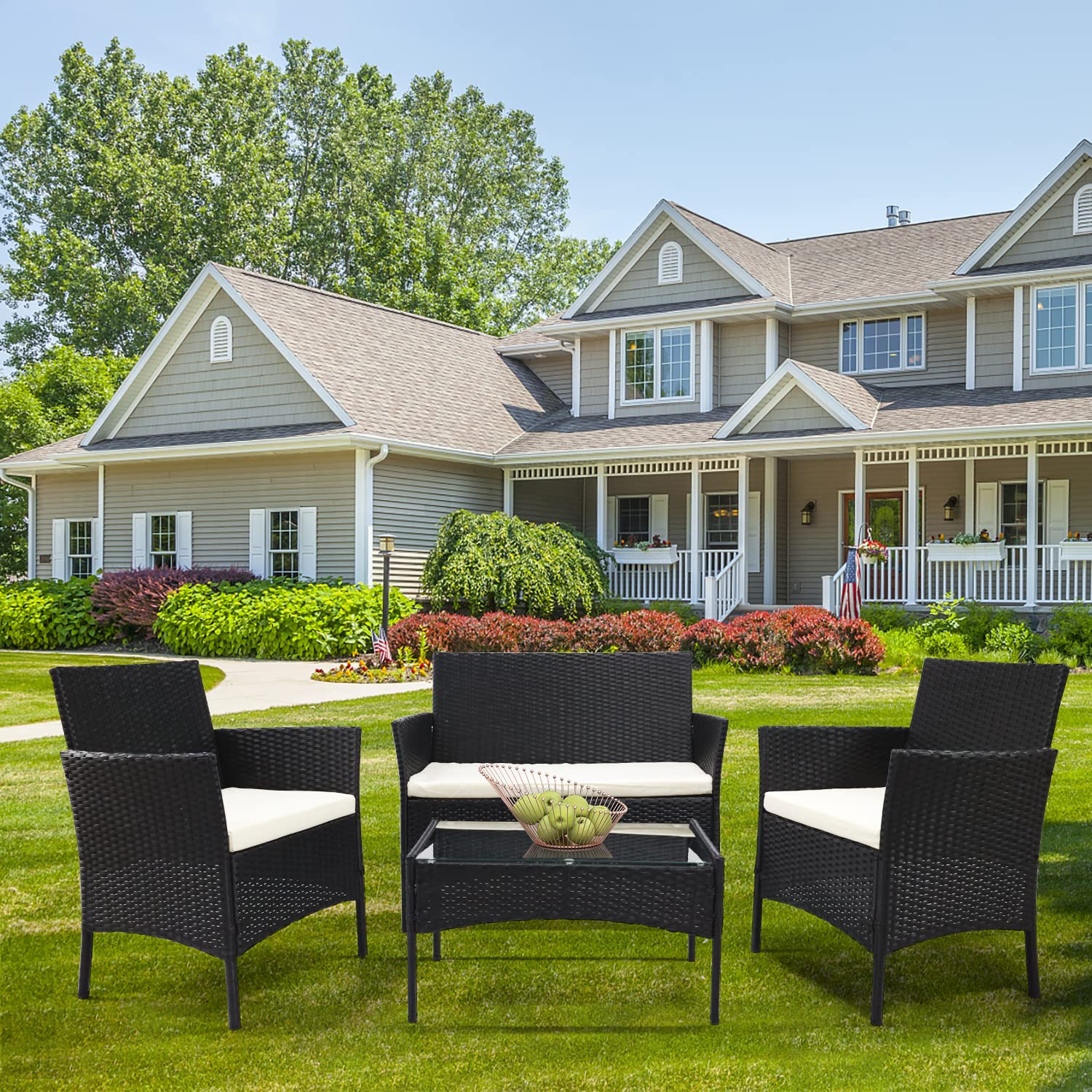 Patio Furniture Set, 4 Pieces Wicker Rattan Table and Chairs Sofa Conversation Set Outdoor Furniture for Backyard Porch Garden Poolside Balcony Bistro (Black)