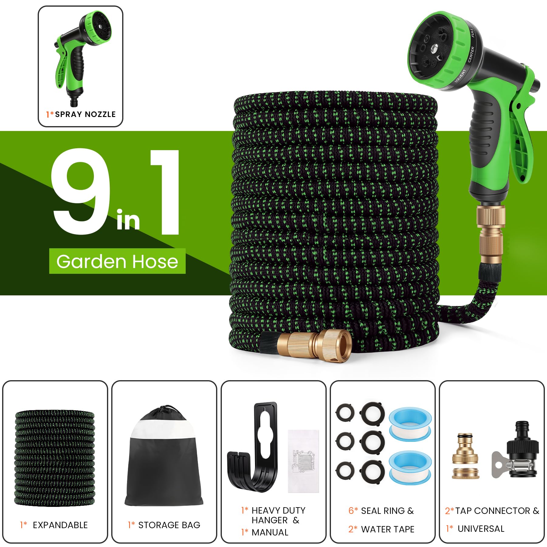Manguera Jardin Extensible de 30 Metros, Manguera Jardin con Pistola Riego de 10 Funciones, Conectores de Latón 1/2" y 3/4" Antifugas, Ideal para Jardinería, Césped y Limpieza de Coches