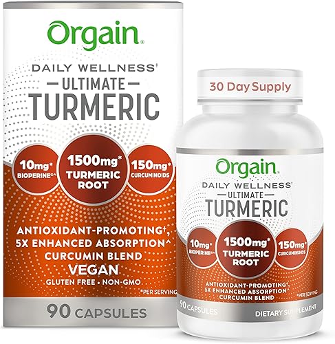 Orgain Suplemento de cúrcuma definitivo de 1500 mg, mezcla de hierbas con extracto de pimienta negra de curcumina y bioperina, apoya la salud