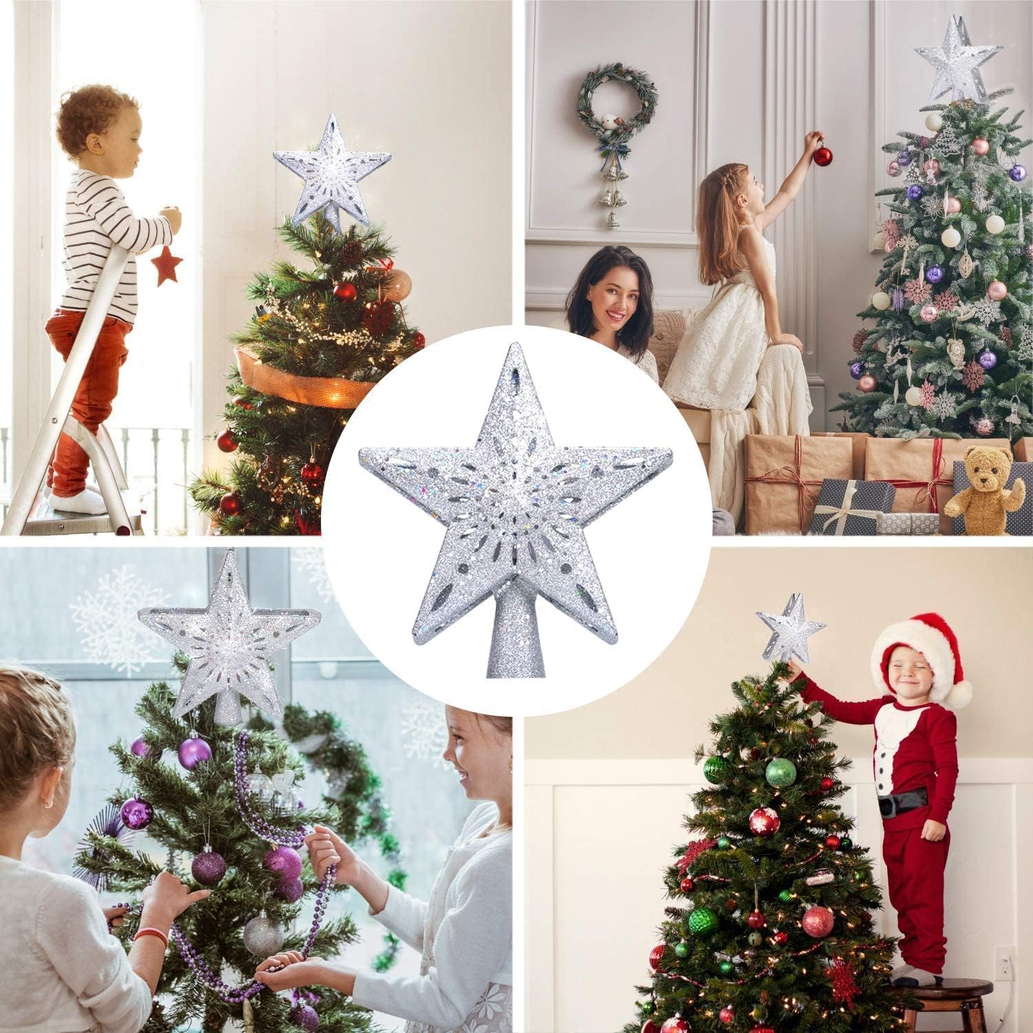 Christmas Tree Topper, Lighted Star Topper with LED Projector, Stars and Snowflakes Rotating Lights, Hollow Silver Glitter 3D Star Xmas Tree Topper Plug-in Powered for Christmas Tree Decorations