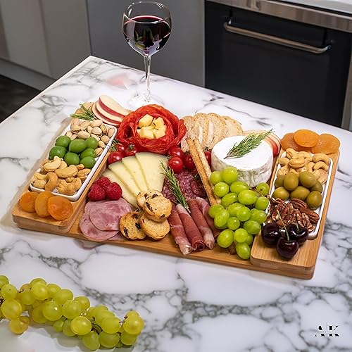 Miniatura 7 de Juego de 12 tablas de queso de bambú ecológicas  3 tablas grandes de madera para charcutería, 2 bandejas de cerámica, tenedores y abridor de vino