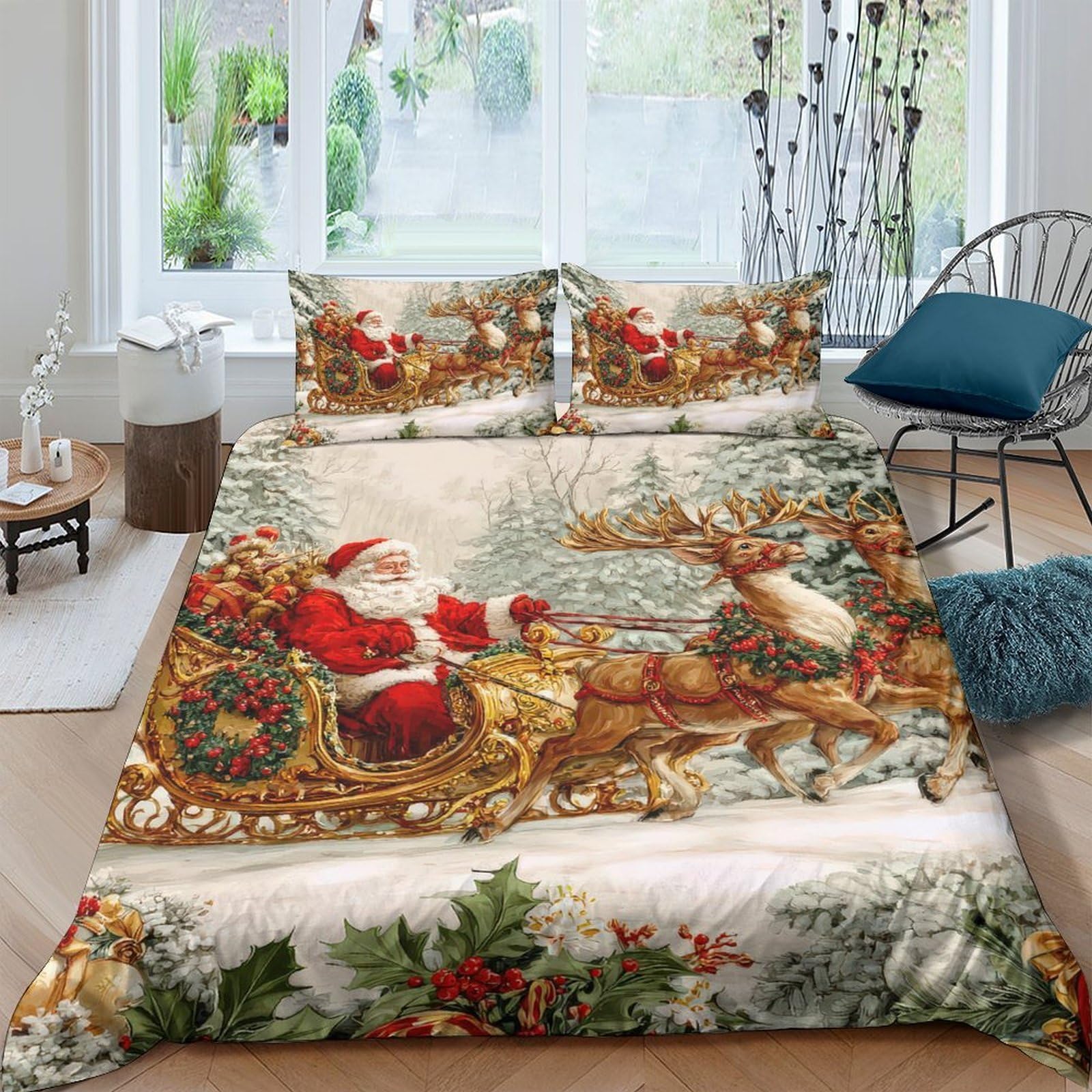 GPLZQXKJNH 3D Printed Christmas Santa Duvet Cover Microfiber Soft Breathable Reindeer Bedding Set with 2 Pillowcases for Bedroom Decor Single（135x200cm）