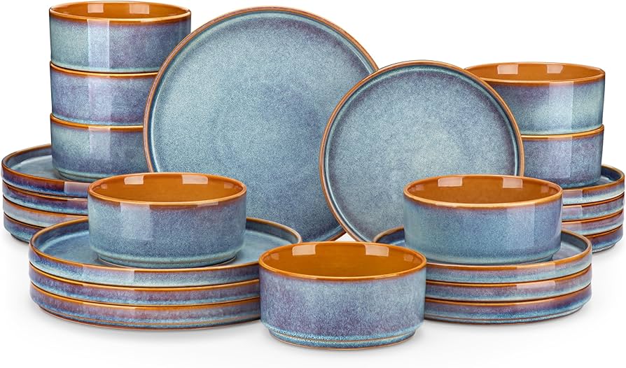 vancasso ONION Ceramic Plates and Bowls Sets, 24 Pieces Blue Dinnerware Sets for Kitchen, Reactive Glaze Dishes Set for 8, Dishwasher and Microwave Safe