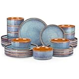 ONION Ceramic Plates and Bowls Sets, 24 Pieces Blue Dinnerware Sets for Kitchen, Reactive Glaze Dishes Set for 8, Dishwasher and Microwave Safe