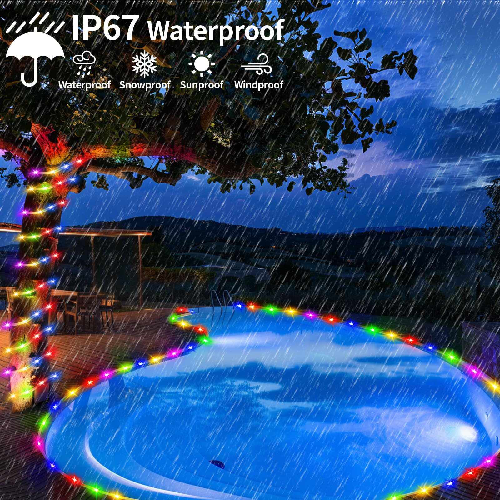 LairtPOW Paquete de 4 luces solares de cuerda de 39 pies, 100 luces LED multicolor impermeables para exteriores, control remoto, para camino, piscina, patio, jardín, palmera, Navidad, Halloween