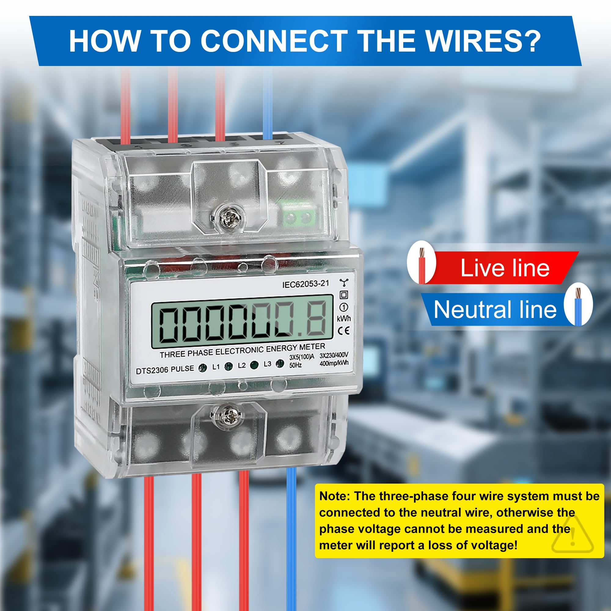 Contador de Corriente 3 Fases, Contador de Torsión 5-100A, Contador de Energía DIN 6+1 Puestos, 230/400V Contador Bidireccional Digital KWh Con Salida de Impulso