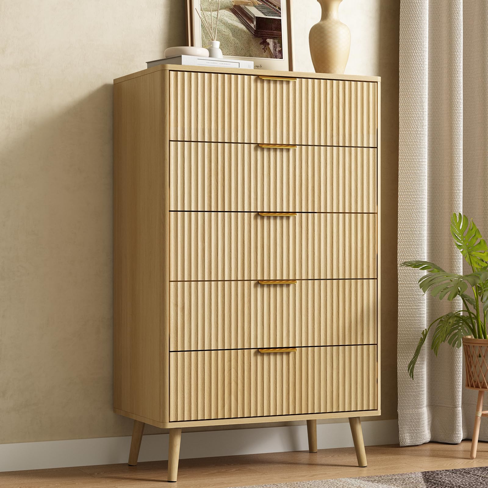 CARPETNAL Fluted 5 Drawers Dresser for Bedroom, 45" Tall Wooden Chest of Drawers with Rounded Corners, Gold Handles, Modern Storage Organizer for