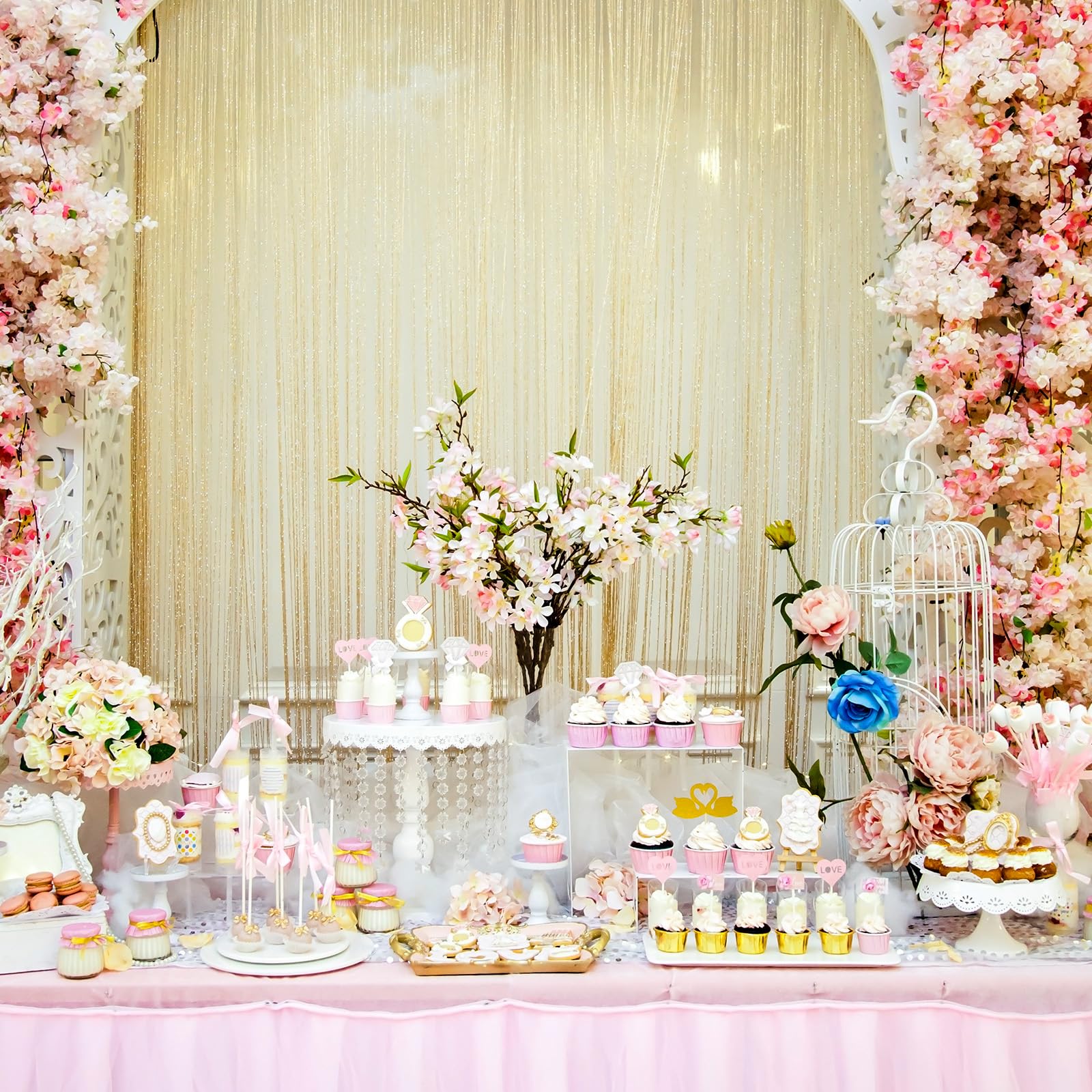 5 Pièces Rideau Anniversaire Or Champagne, Rideau Métallique de Frange, Rideaux Paillettes à Franges, Scintillants Rideaux à Franges, pour Decoration Anniversaire, Fête, Mariage, Noël (1m x 2m)
