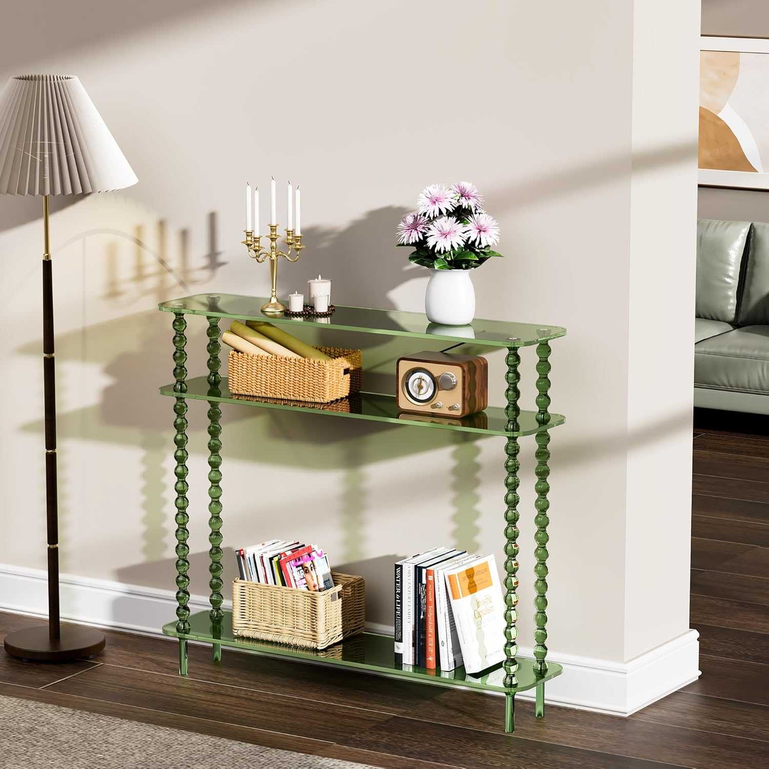 Acrylic Console Table Narrow, 3 Tier Long Entryway Table with Storage, Mid-Century Modern Sofa Table Entry Table for Living Room, Hallway (Green, 39.4“×9.4”×35.4“)