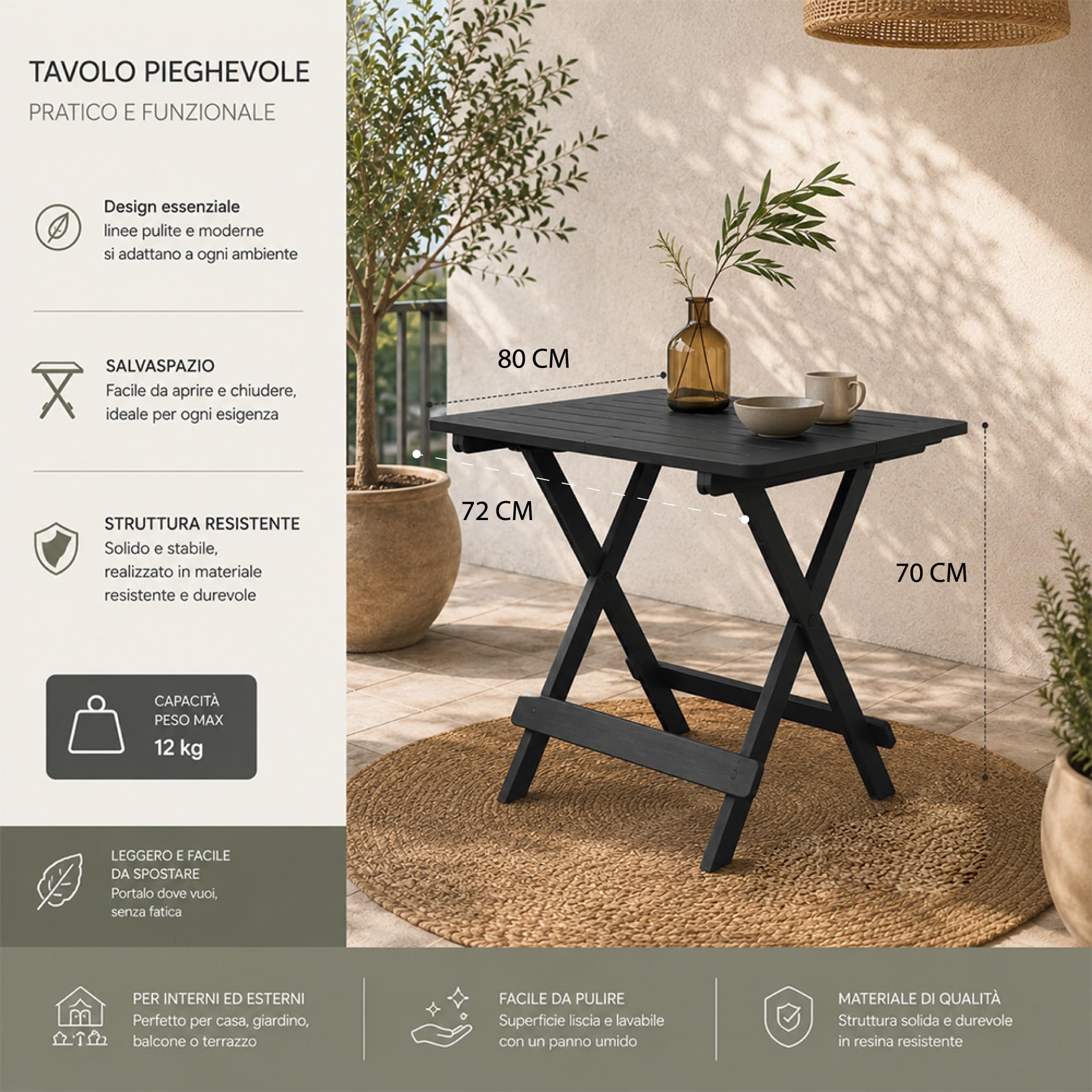 Tavolo da Giardino in Plastica Pieghevole Antracite 80x72xh70 cm Maury