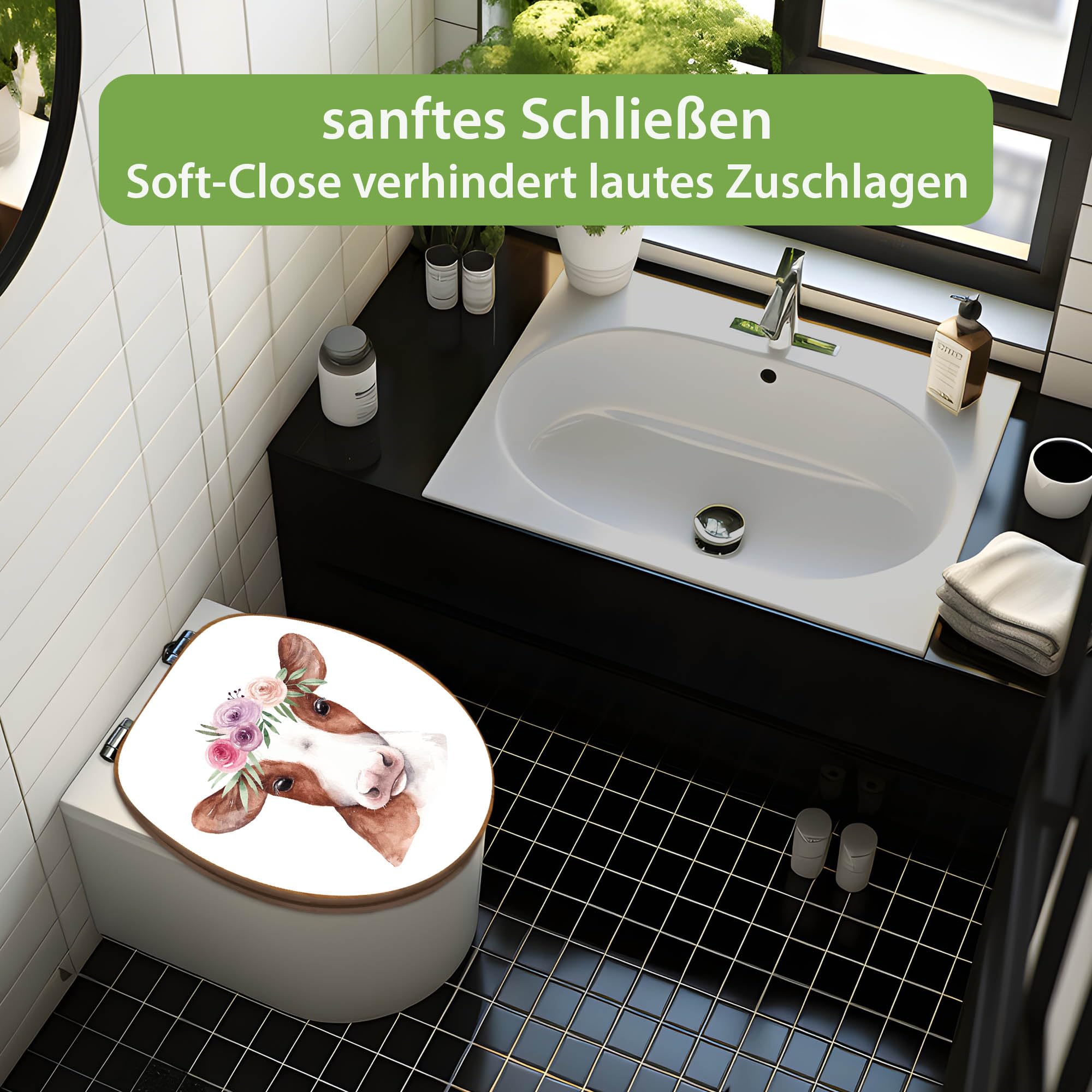 banjado Design WC Sitz Bambus Absenkautomatik 45,8x37,5cm - Toilettendeckel mit Absenkautomatik Holz - hochwertiger Bambus Klodeckel - WC-Sitz für gängigen Toiletten - Motiv Kuh mit Blumenkrone