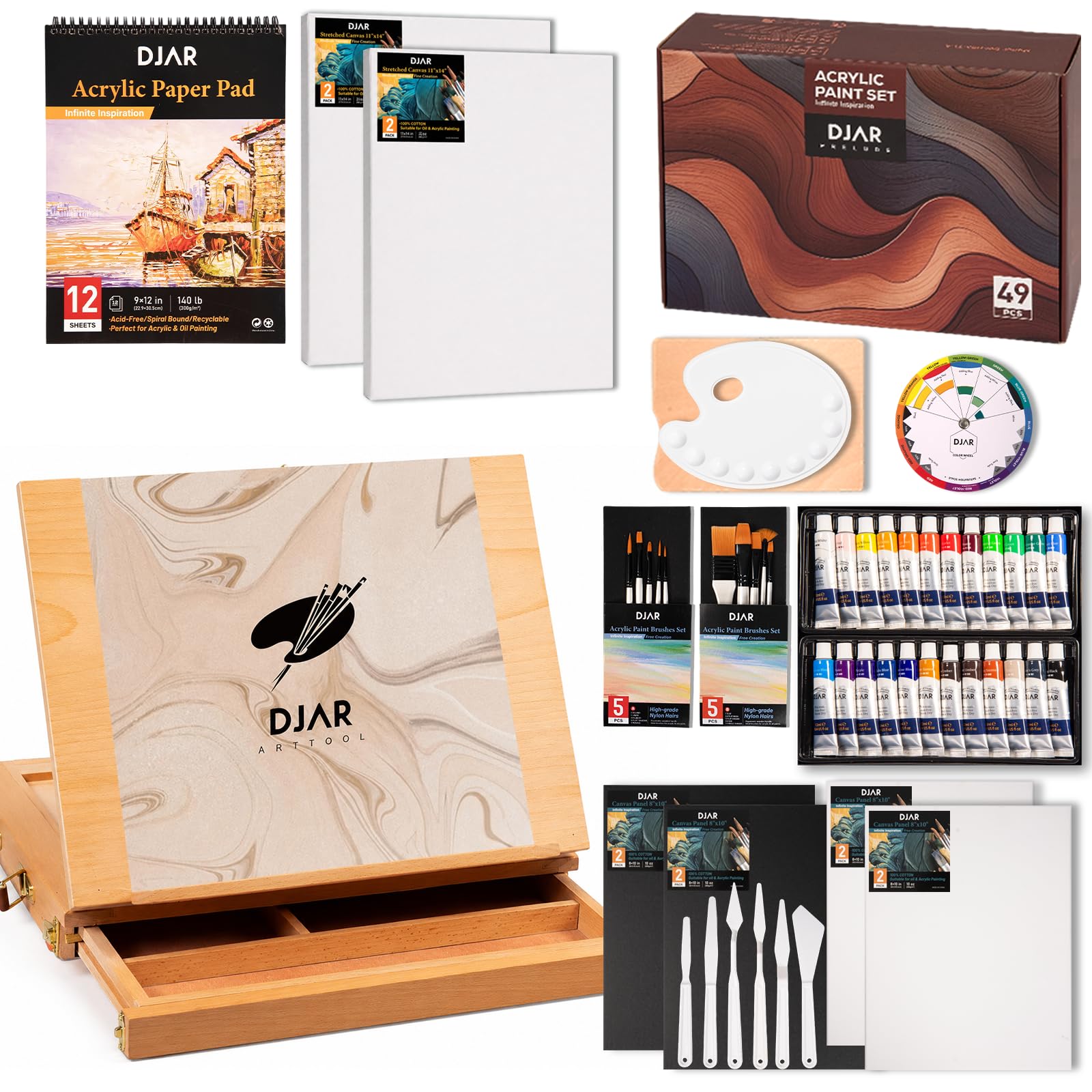 DJAR Set di 50 colori acrilici con cavalletto da tavolo, 24 colori acrilici, album da disegno, blocchi per pittura e kit completo di forniture artistiche acriliche per adulti, adolescenti e