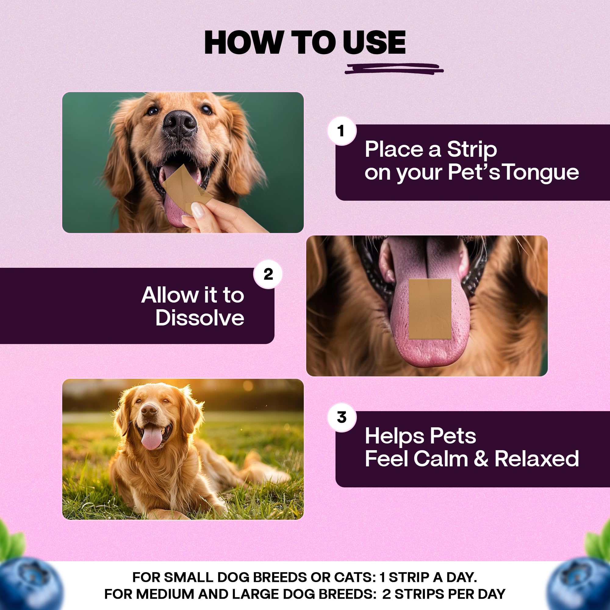 Vitricion Pet Calming Oral Strips for Dogs & Cats, 30 Fast-Dissolving Strips, L-Theanine, Tryptophan, Chamomile, Melatonin, Reduces Anxiety, Aggression & Stress | Vet Approved | Blueberry Mint Flavor 3