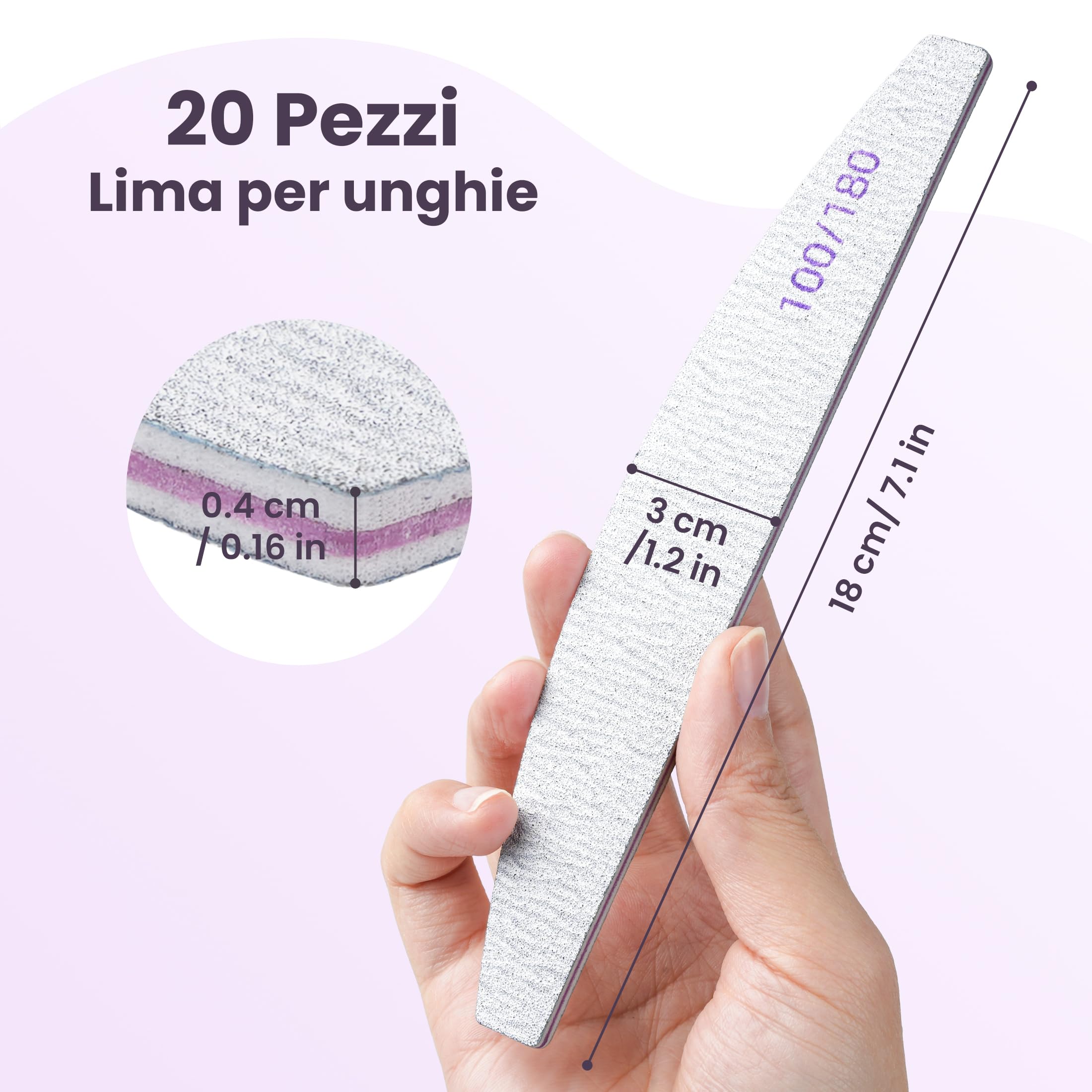 20 Pezzi Lime per Unghie 100 180 Grana, Lima per Unghie a Doppia Faccia, Riutilizzabile Kit Lima Unghie per Manicure in Gel, Tip, e Set Professionale per Unghie