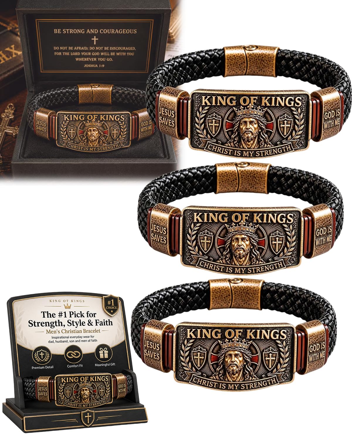 Jesus Bracelets for Men King of Kings Faith Bracelet Adjustable Christian Wristband Gift Handmade Christ Religious Ultimate Tribute Engraved Crowns Leather Wristbands Wear Belief with Pride