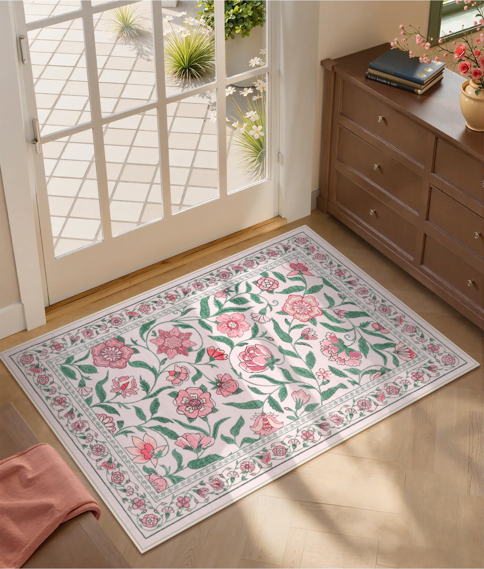 Collive Washable Entryway Rugs 2 x 3, Pink Spring Floral Rug Vintage Boho Kitchen Mats Non Slip, Soft Cute Modern Girly Indoor Mat Ultra-Thin Stain