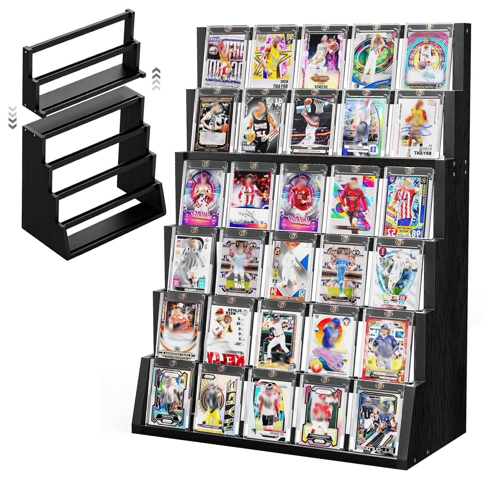 XunHe Trading Card Display Stand - 6-Tier Wooden Detachable Graded Sports Card Display with Top Storage Wooden Card Storage Case Trading Card Display Case for Card Game Collection
