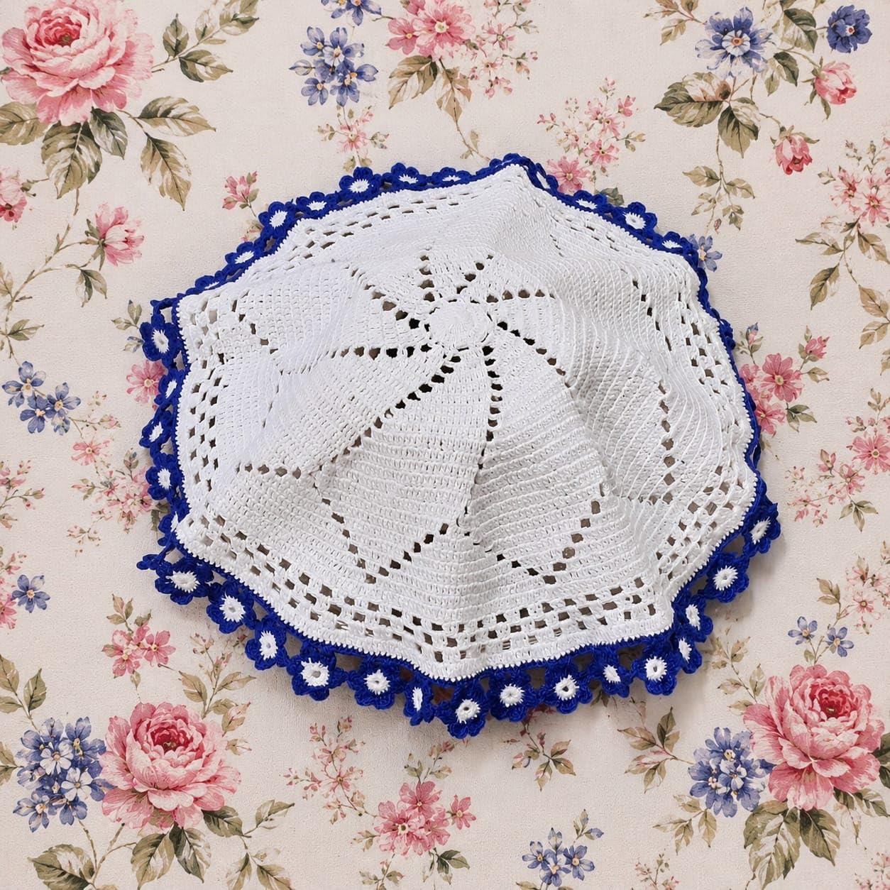 Handmade Crochet Round Table Mat | Red & White Floral Thalposh | Decorative Dining Table Cover (White and Blue)-image-35