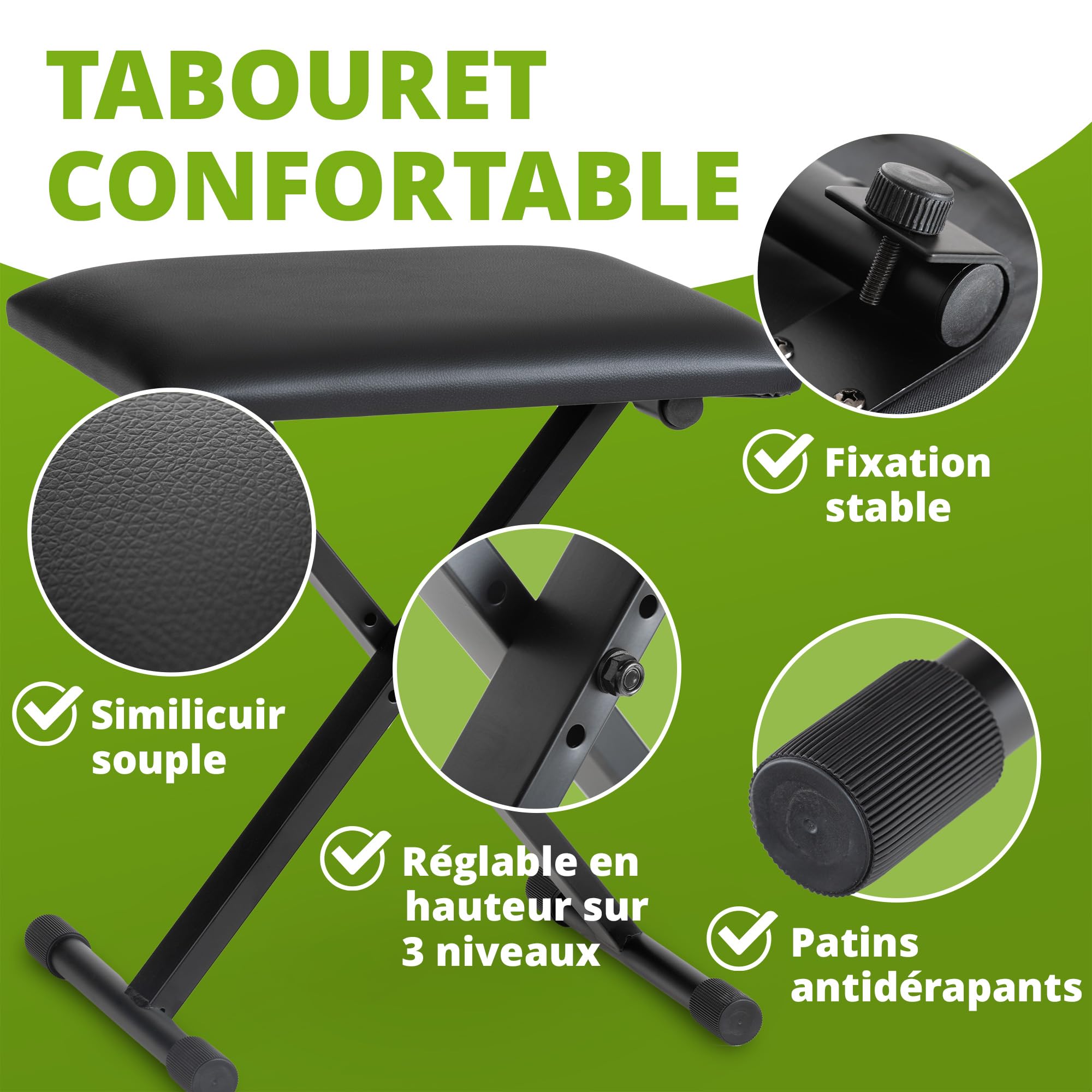 Classic Cantabile Set Clavier Support X-Keyboard 5 Positions réglables en Hauteur - Banc Clavier rembourré 3 Positions réglables – Support Pliable Stable et Tabouret Confortable - Noir