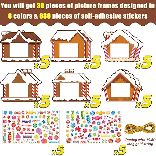 Miniatura 2 de Paquete de 30 marcos de fotos de Navidad DIY para niños, casa de jengibre de Navidad, marcos de fotos de caramelos, adornos para decoraciones de