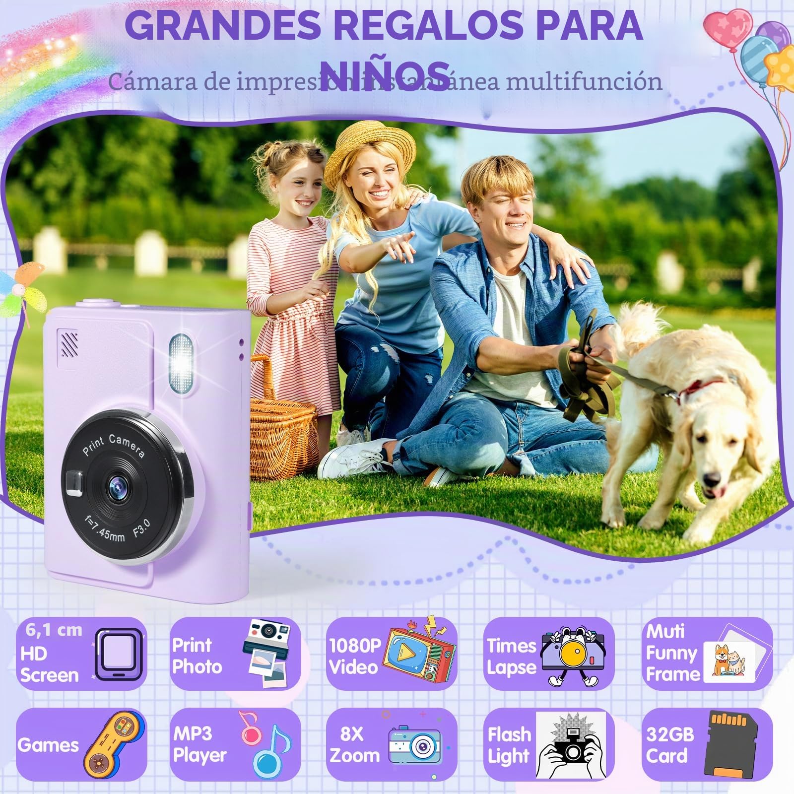 Camara Fotos Infantil Instantanea, HD 1080P Camara de Fotos Instantaneas, con Tarjeta de 32G y 6 Rollos Papel de Impresión, Cámara Instantánea, Regalo para Niñas y Niños de 3 a 12 Años