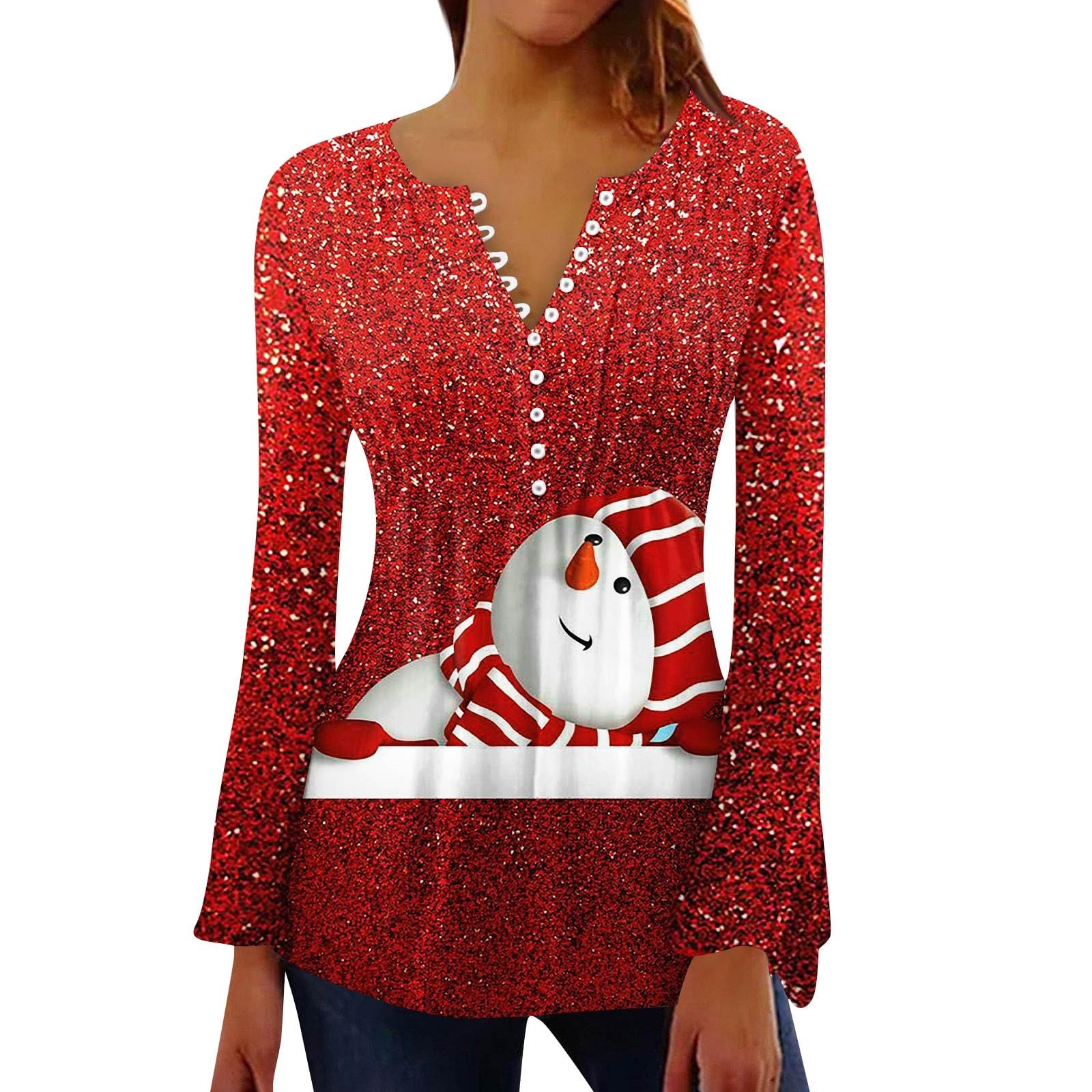 Huazi2 Women'S Holiday Snowman Christmas 3D Digital Printing Cute Tunic Pullover Tops Casual Long Sleeve Crewneck Sweatshirt