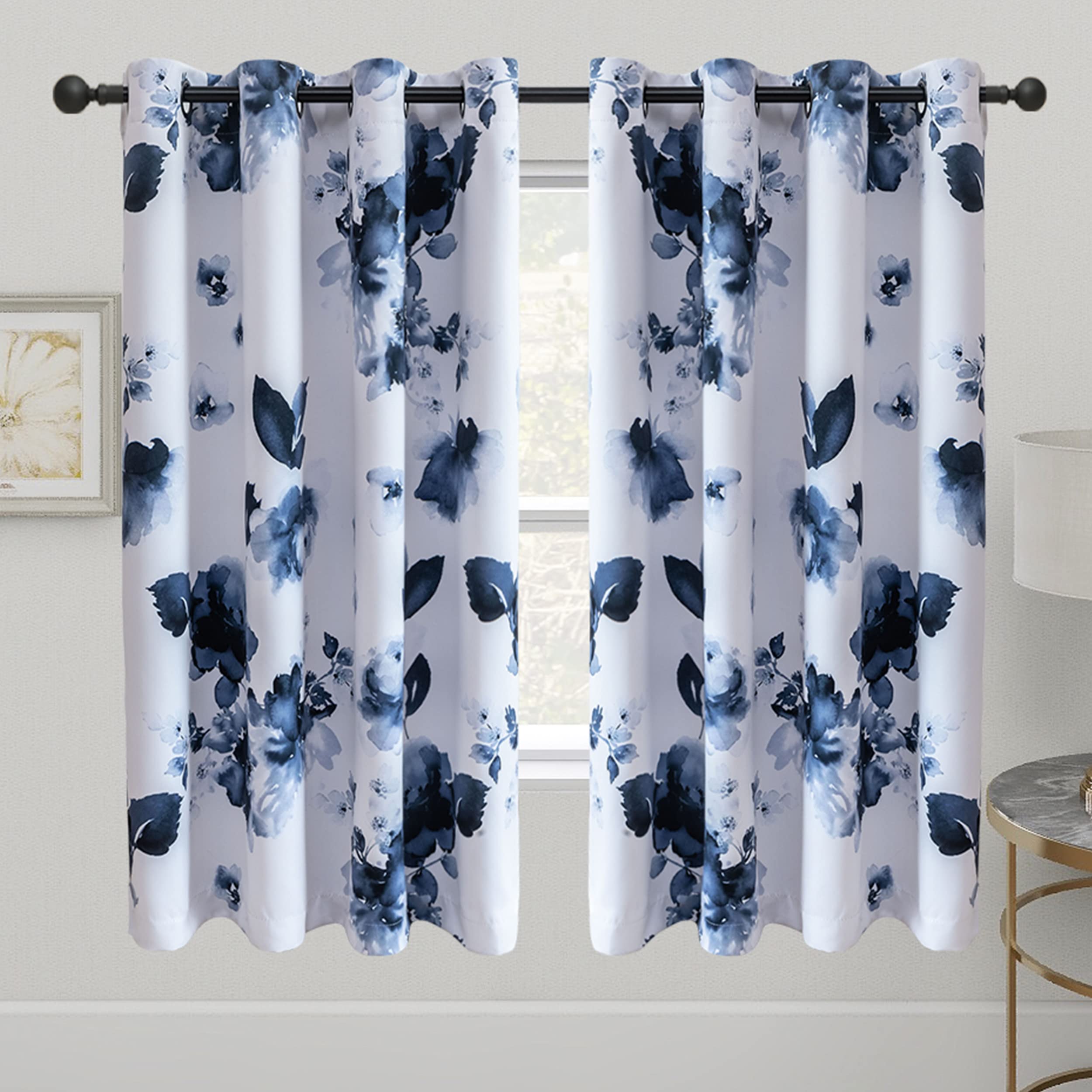 Taisier Home 45 Inch Grommet Room Darkening Window Curtain Drapes, Chinese Traditional Ink Painting Stylized Leaves and Flower,Artwork,Deep Blue Print