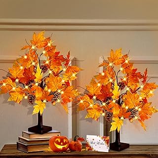 CKE 24 Inch Artificial Fall Tree Lighted Maple Tree Battery USB Operated w/Timer, 24 LED Thanksgiving Decorations Table Lights Tree for Autumn Wedding Party Gift Indoor Outdoor Harvest Home Decoration