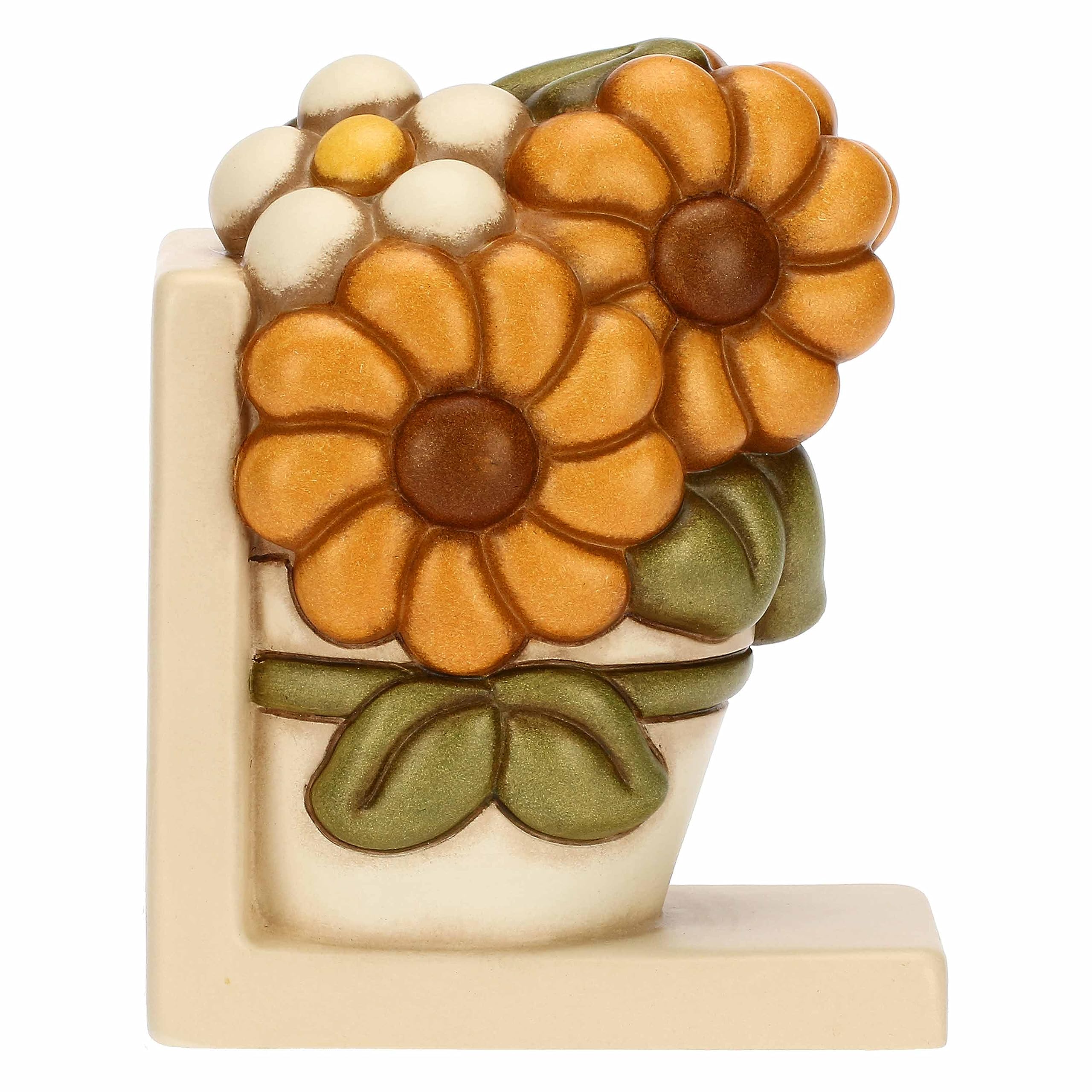 THUN, Fermalibri a Forma di Vaso con Fiore di Calendula in Ceramica Decorata a Mano, Linea Racconti d'Autunno, 12.8x8.6x16 cm h
