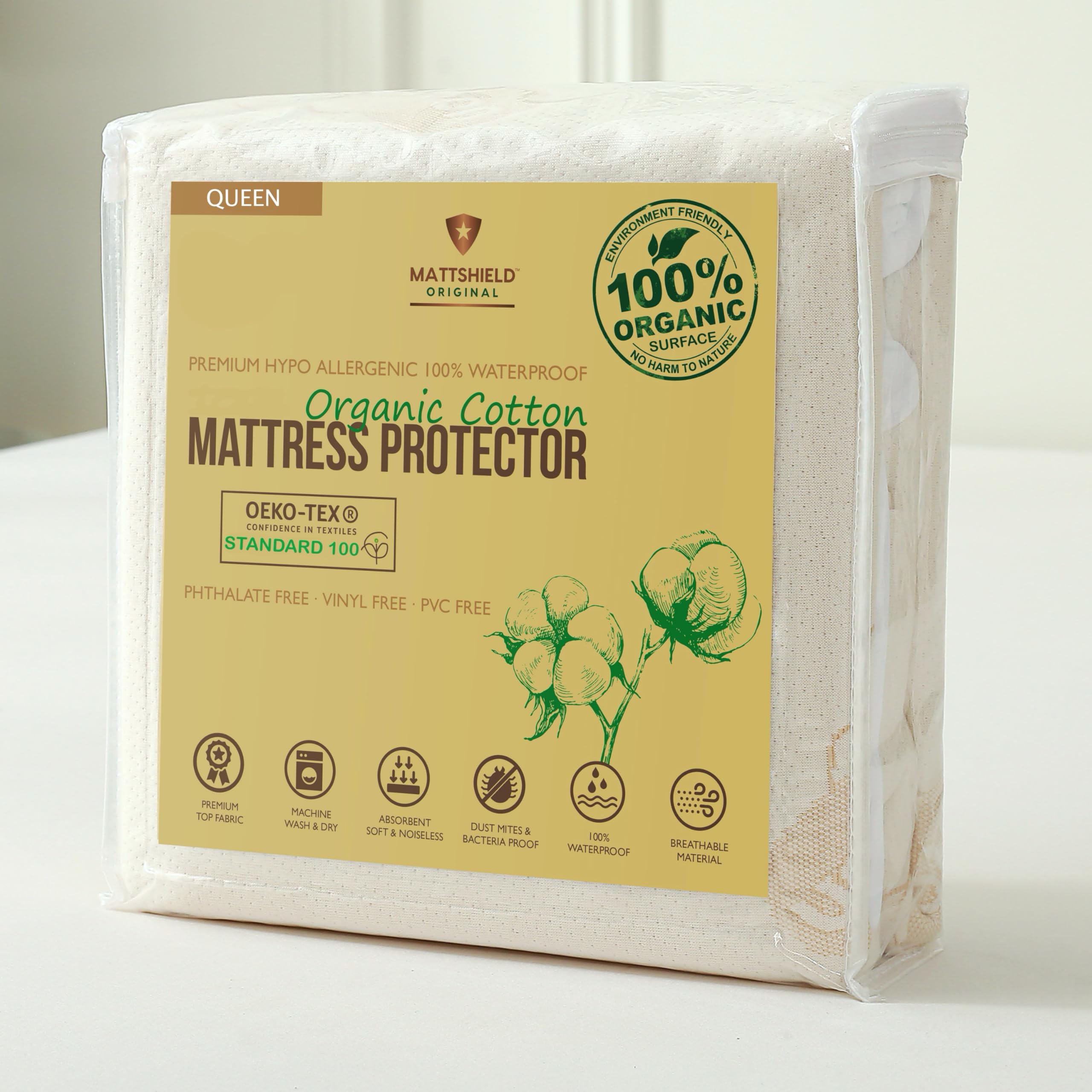 Waterproof Organic Mattress Protector Queen - Organic Cotton Hypoallergenic Breathable Mattress Pad Cover - 200 GSM Comfort - Deep Pocket - Fitted Allergy Shield