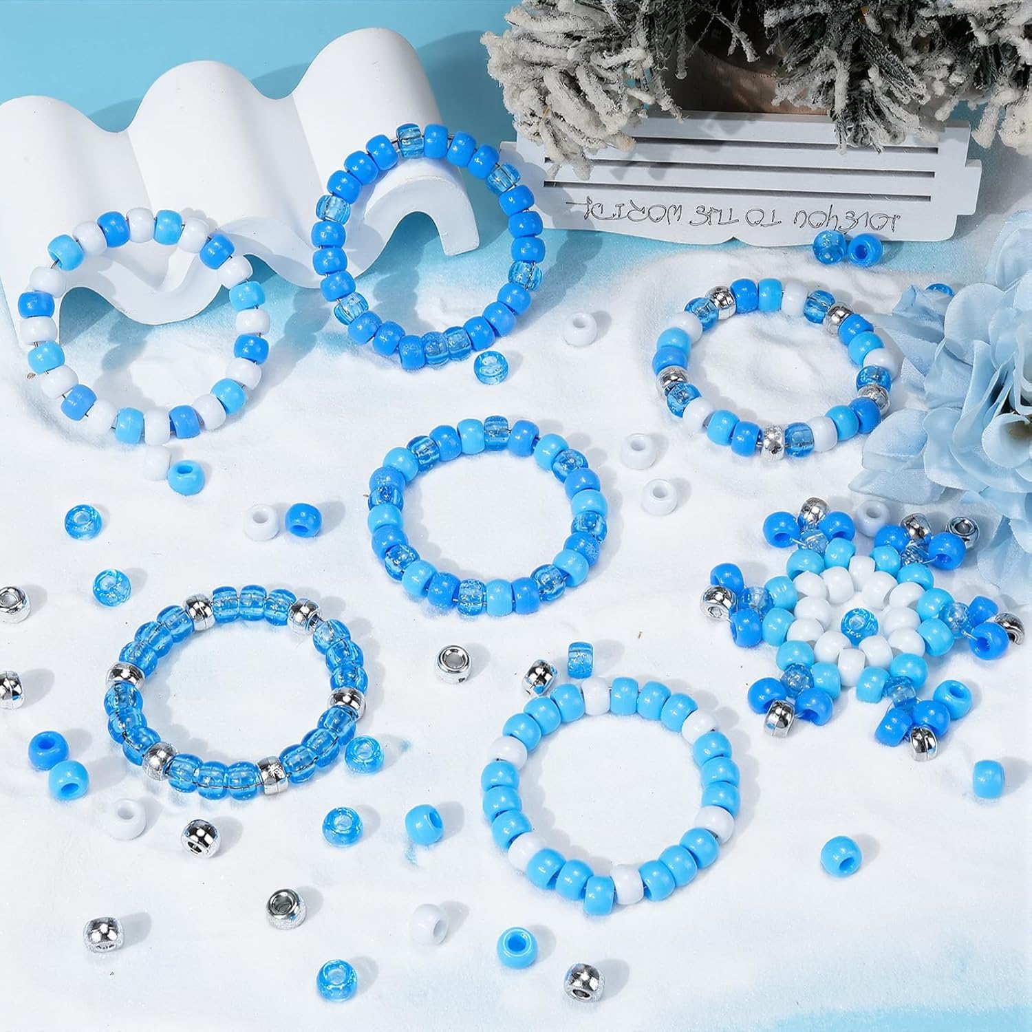 1000PCS Winter Pony Beads Bulk – 6x9mm White Silver White Blue Glitter Kandi Beads for Bracelets, Jewelry Making, Hair Braids, Holiday Crafts & DIY Snowflake Decorations - Image 6