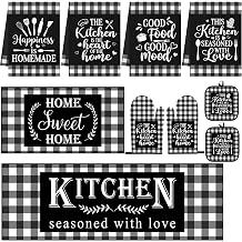 10 Pcs Black Palid Kitchen Decor and Accessories Set, 4 Kitchen Dish Towels 2 Rugs 2 Oven Mitts 2 Pot Holders, Home Decor for Cooking Baking BBQ Gifts Women Mom Housewarming