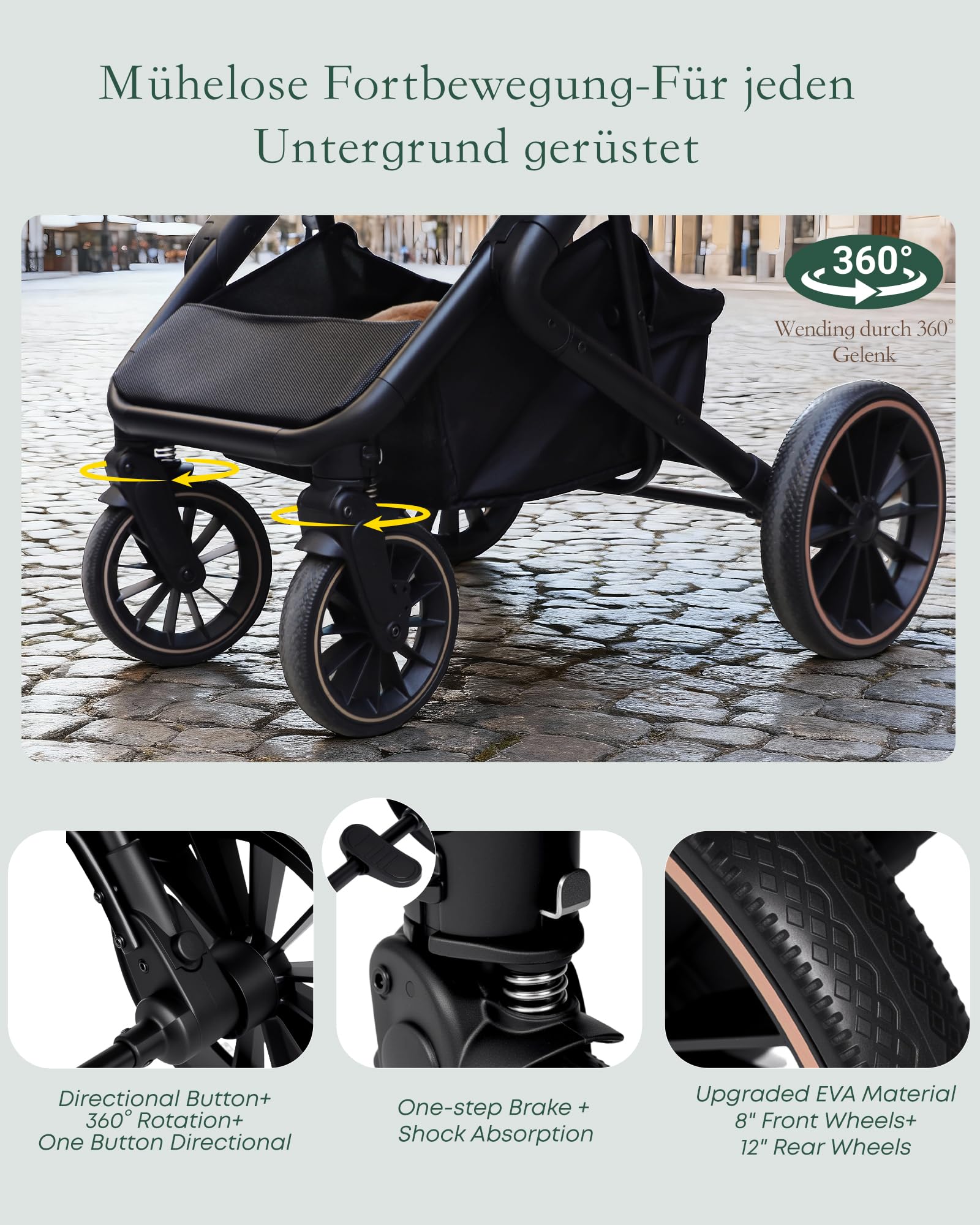 Kinderwagen Buggy 2 in 1 0-48 Monate Aluminiumlegierung Vollfederung 5-Punkt-Sicherheitsgurt Zusammenklappbar Grün
