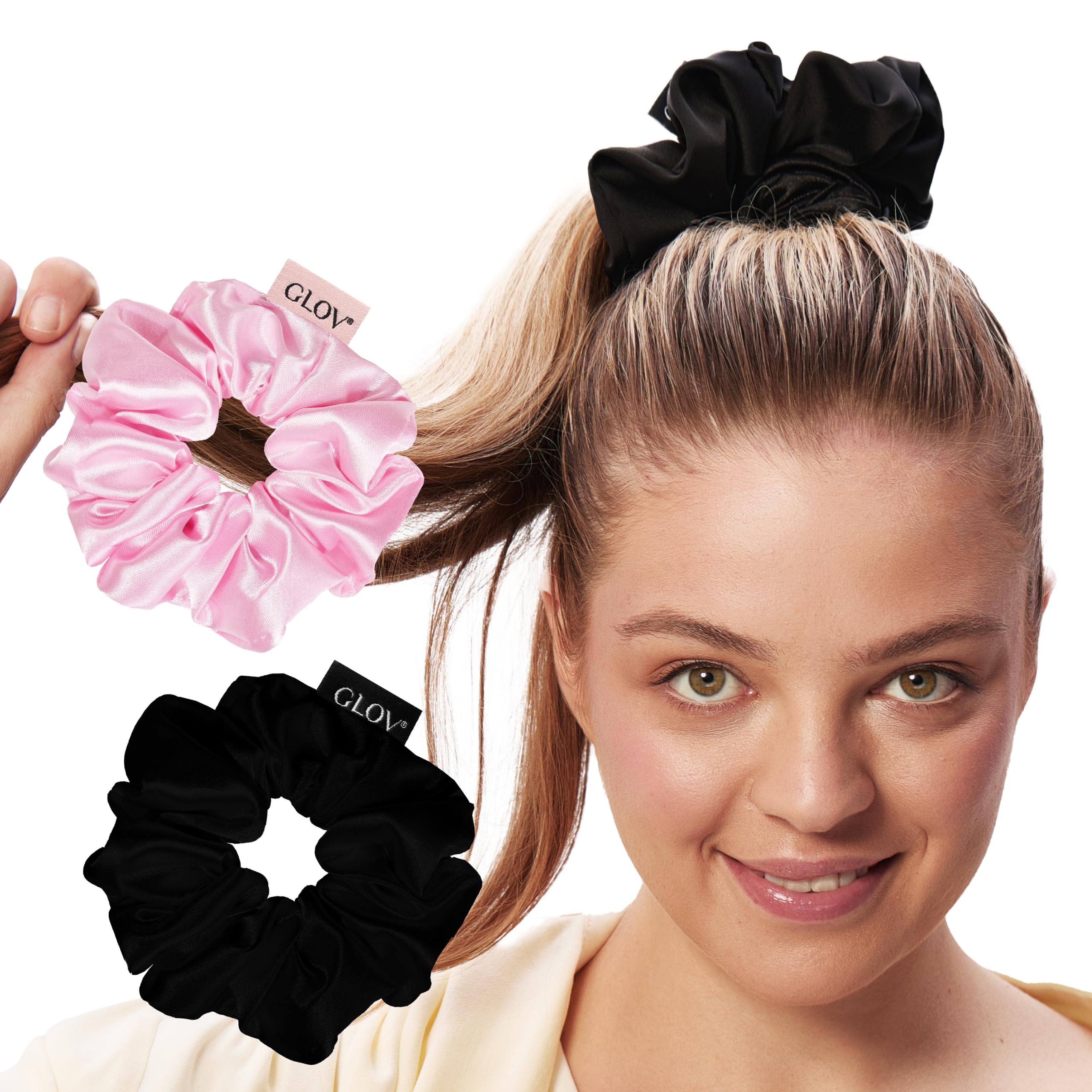 Glov Satin Scrunchies S - Hair Ties Pink/black 2 Pcs Stylish Accessory for Ponytail/braid Strong Hold Gentle on Hair Practical Trendy Unique Design Comfort Daily Routine