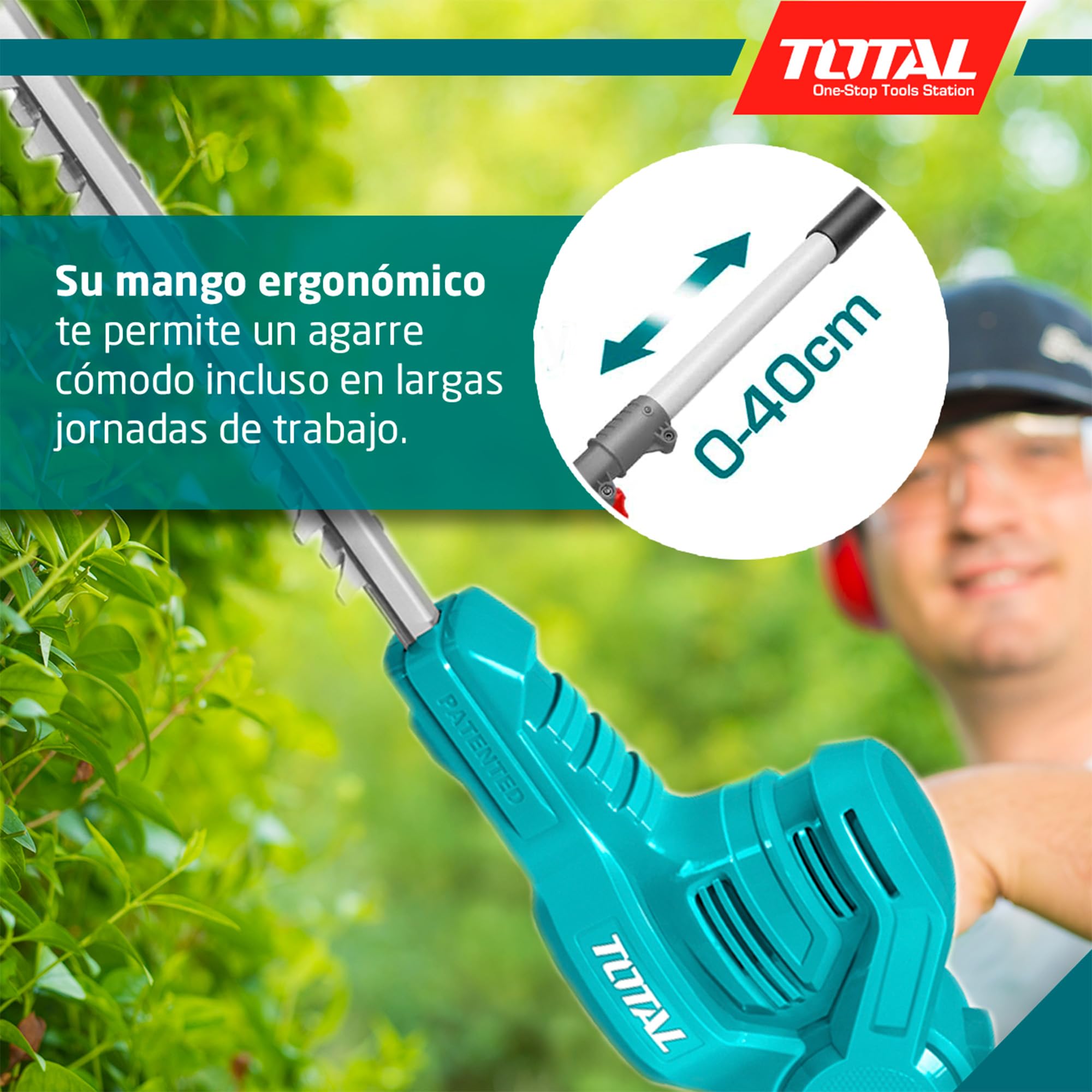 TOTAL Cortasetos de Altura a Batería, Batería de 20V de Larga Duración, Ligero, Cómodo de Usar: Cabezal Giratorio y Barra Extensible, Corte preciso, Gran Alcance: 2.4,