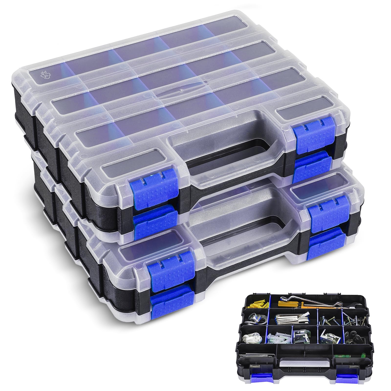 NATGAI Confezione da 2 organizer per piccole parti, 34 scomparti, cassetta degli attrezzi a doppia faccia con divisori rimovibili per hardware, viti, bulloni, chiodi e accessori da pesca, custodia in