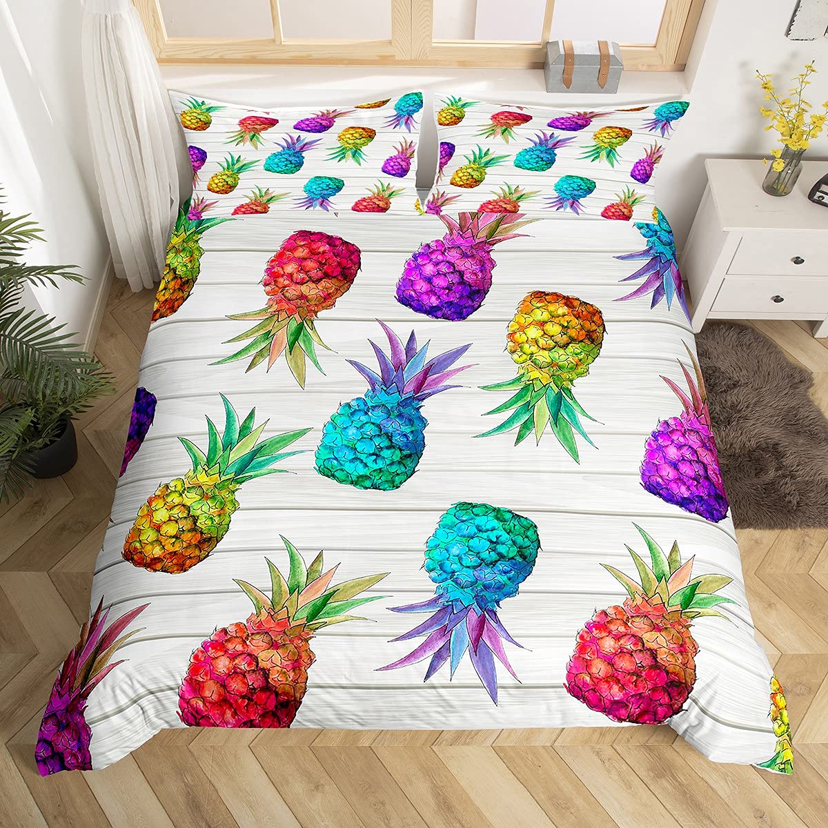 Homemissing Pineapple Bedding Set Cute Tropical Fruit Comforter Cover for Kids Boys Girls Summer Fresh Pineapple Duvet Cover Wooden Plank Bedding & Linen Bright Colorful Bedding & Linen King Size