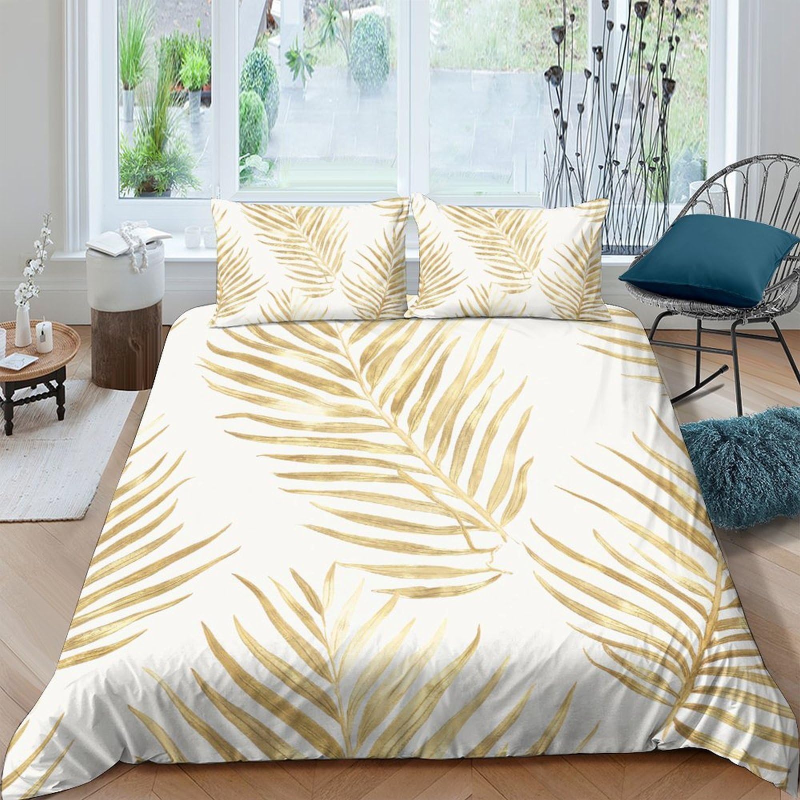Ctjqhvkz Style-9 3D Printed Golden Palm Leaf Fitted Sheet Microfiber Stylish Bed Cover For Bedroom Guest Room Dustproof Easy Care Decor Single（135X200cm）