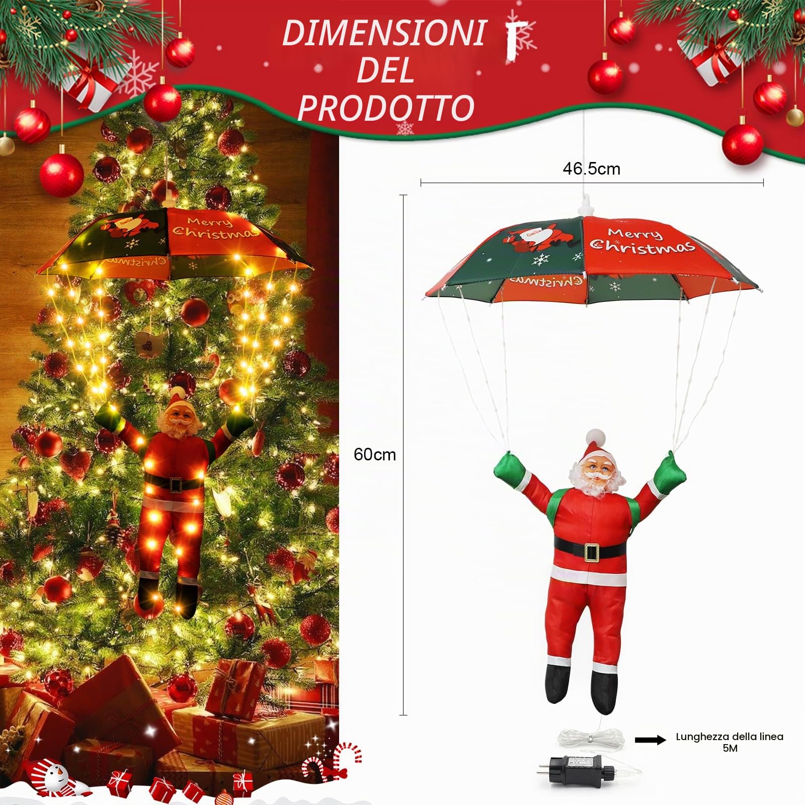 Luci a forma di paracadute di Babbo Natale, 8 modalità di luci natalizie con timer, funzione di memoria, luci a LED sospese per decorazioni natalizie per interni ed esterni (bianco caldo)