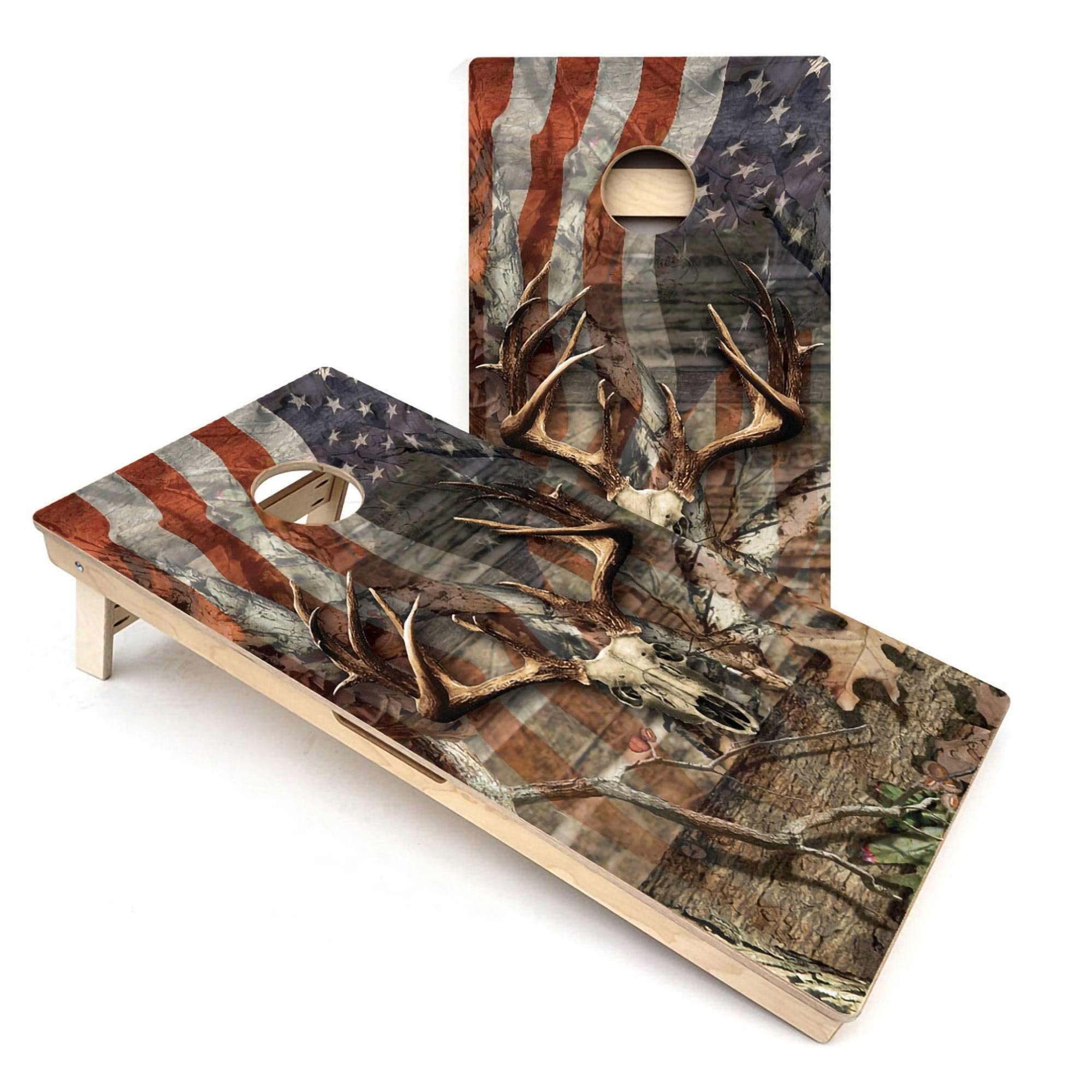 Skip's Garage Deer Skull USA Flag All-Weather PVC Cornhole Boards - Includes (2) Boards (NO Bags) + (1) Carry Case, (2) Hole Lights & (2) Edge Lights
