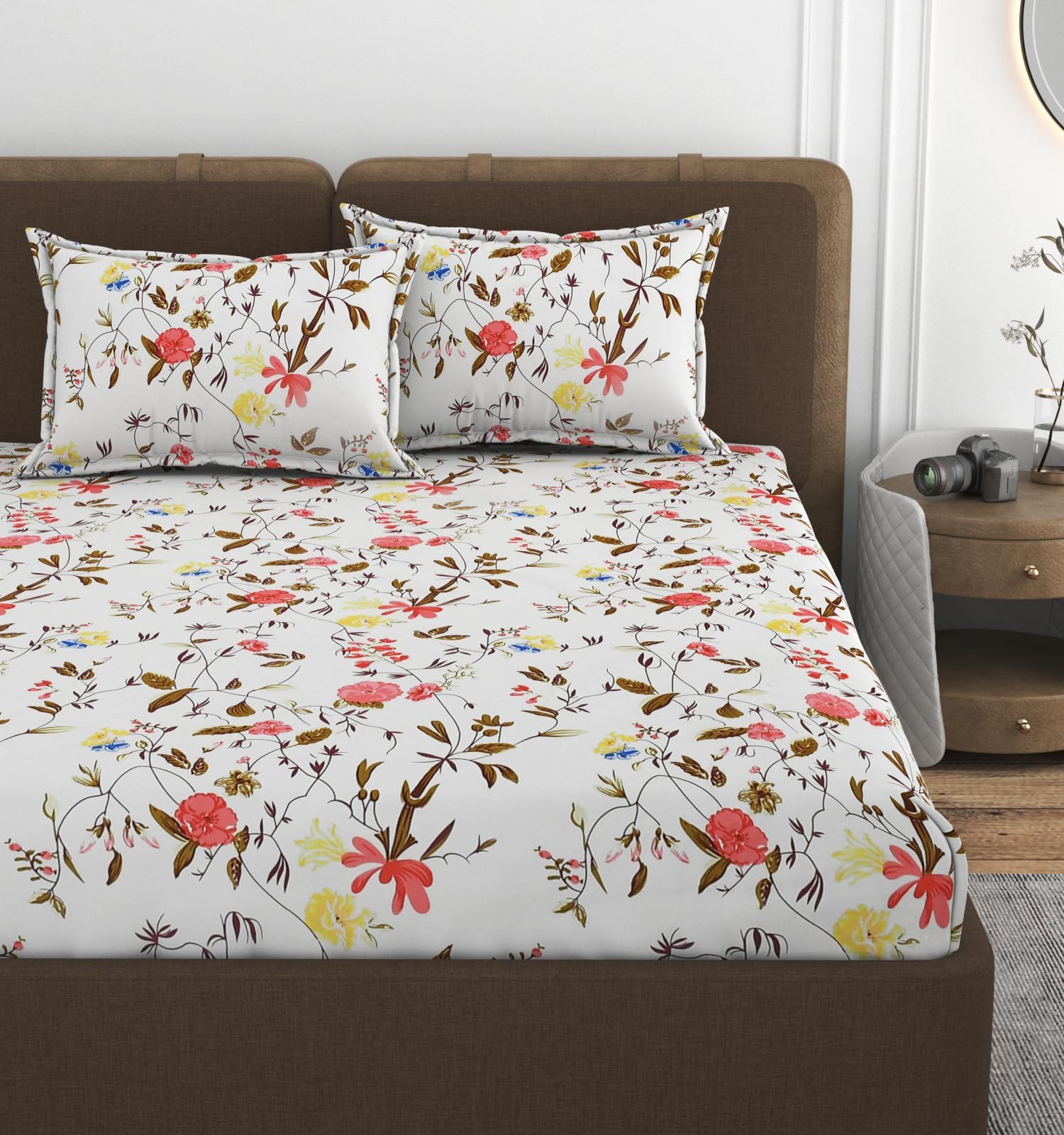 VOMZER 320 TC Cotton Feel All Around Elastic Fitted Floral Bedsheets King Size, Premium Fitted Bedsheets King Size for Double Bed with 2 Pillow Covers, Size- 78" x 72" (White)