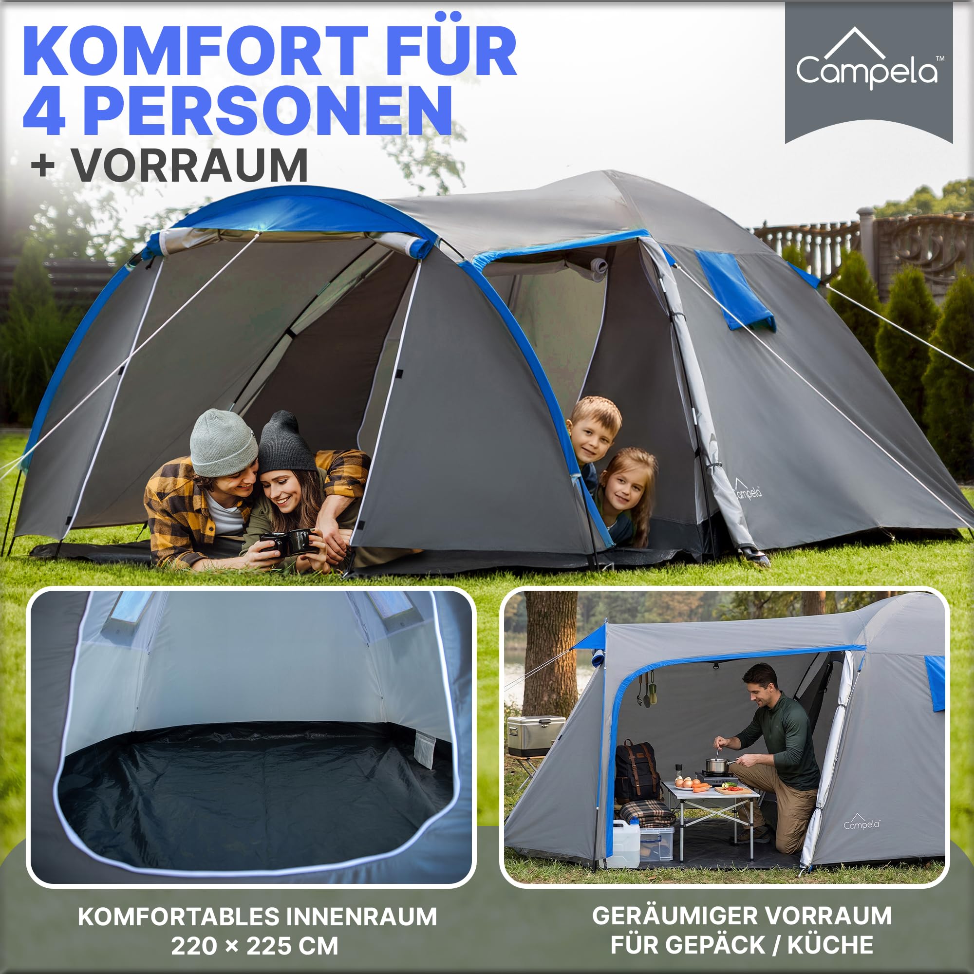Touristenzelt, Familienzelt, Tropical, für 3-4 Personen, wasserdicht 3000m, geklebte Nähte, CA0013