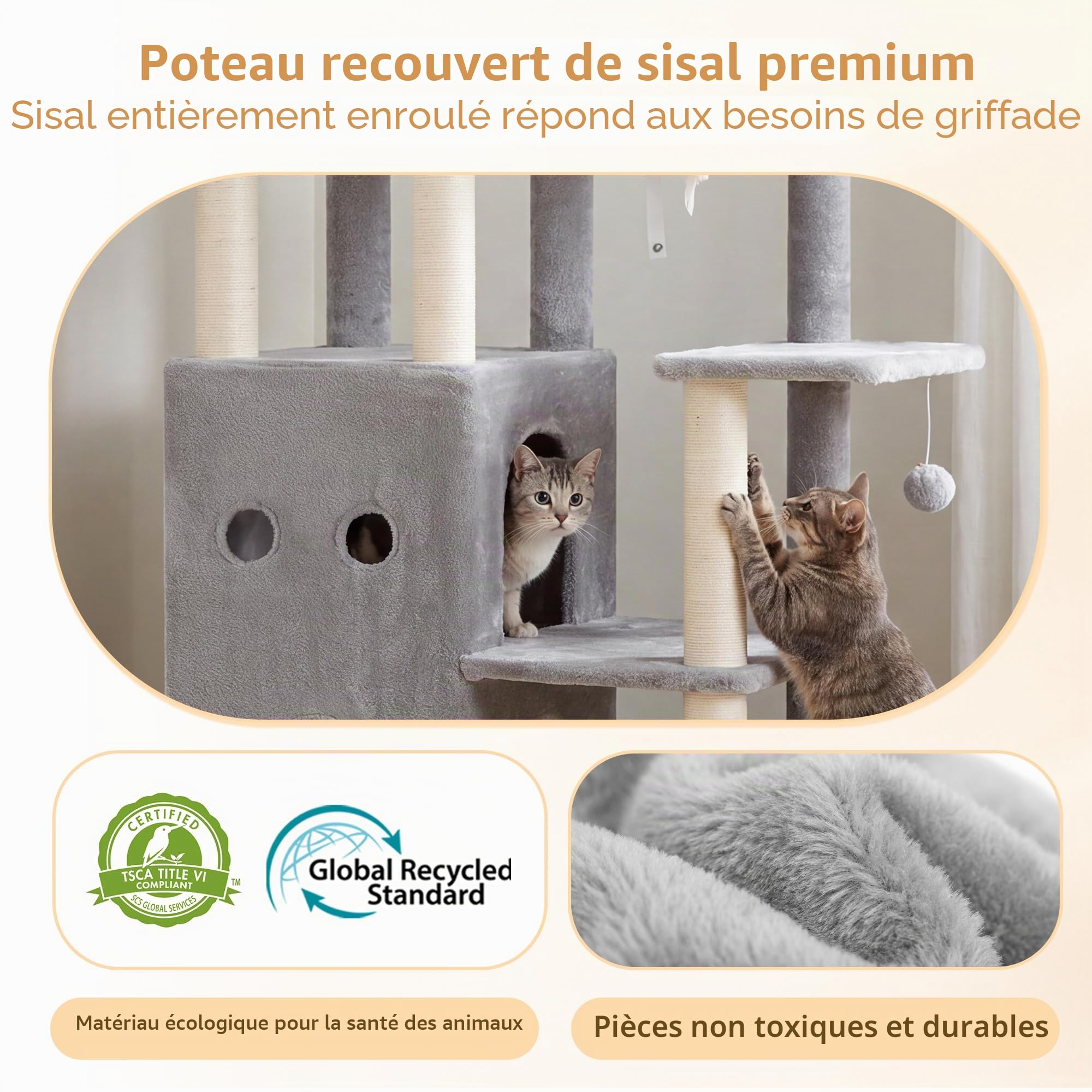 Heybly Arbre à Chat pour Grands Chats 151cm 2 Niches et Perchoirs HCT055W | Base Élargie 76 x 43 cm, Hamac Suspendu, 6 Poteaux en Sisal, Sangle Anti-Basculement, Pour l’Intérieur, Gris Clair