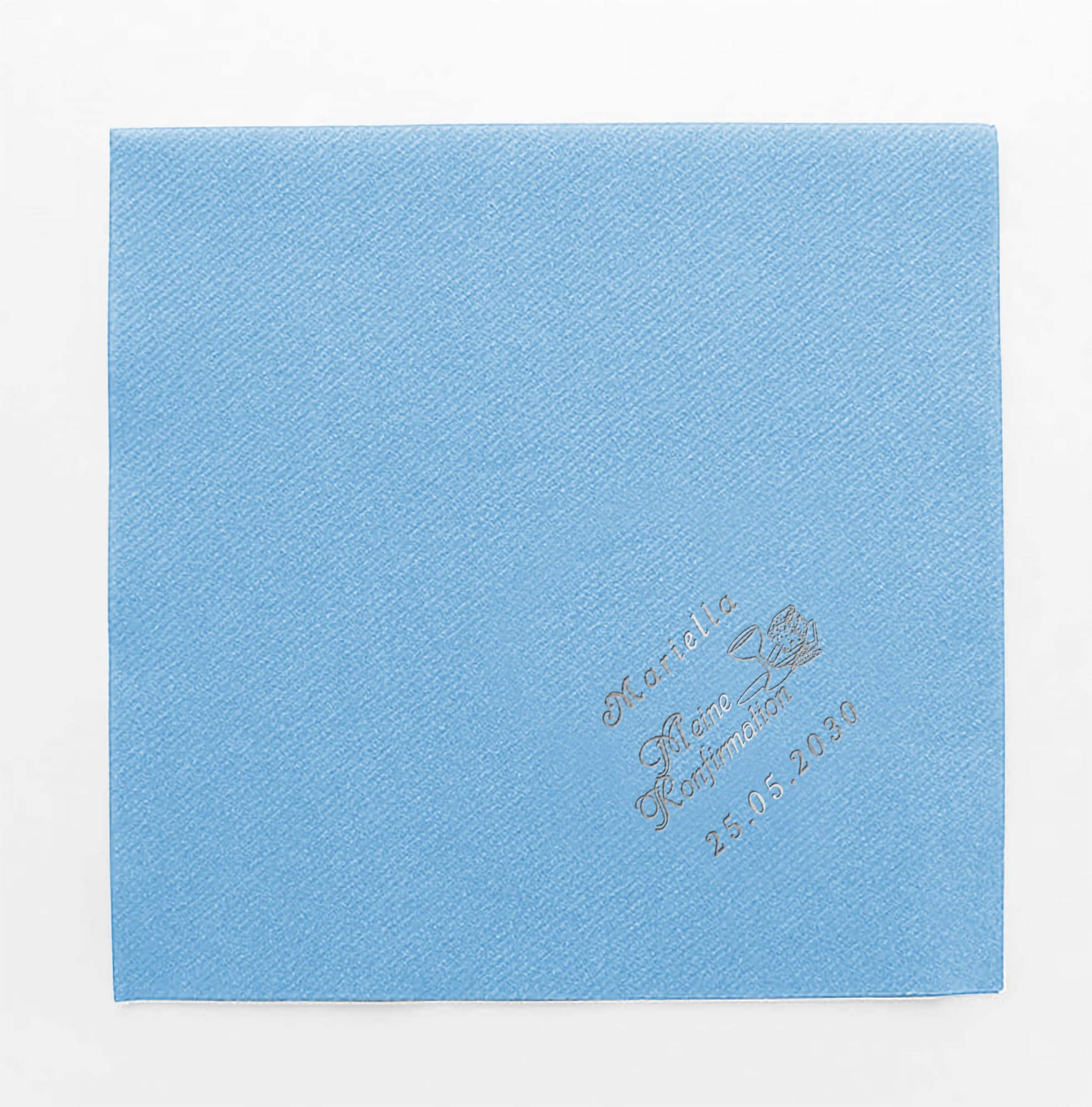 VIPdeko Servietten Mit Goldprägedruck Gold/Silber, 40x40 cm Airlaid 1/4 Falz, Personalisierbar Motiv, Name + Datum, Edle Serviette für Kommunion, Konfirmation oder Taufe (50, Hellblau)