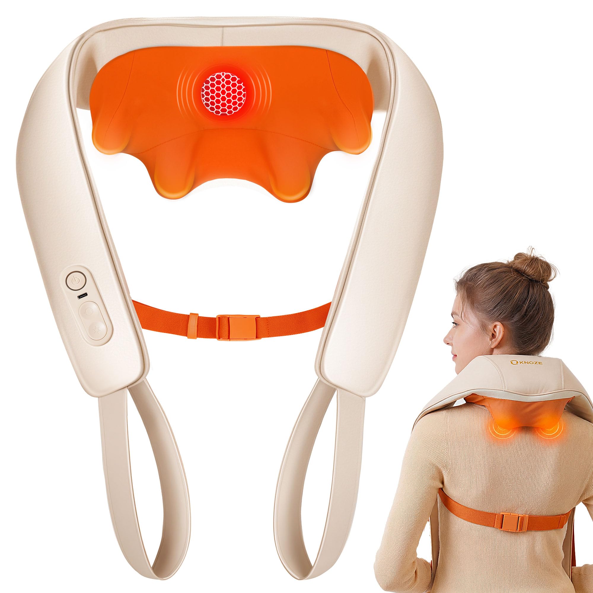 KNQZE® Shiatsu Massagegerät 4D, 2025 Kabellos Nackenmassagegerät mit Wärme, Verbesserte Graphenheizung, 4D Shiatsu Tief knetende Nackenmassage für Nacken, Schulter, Rücken, Geschenke für Männer, Beige