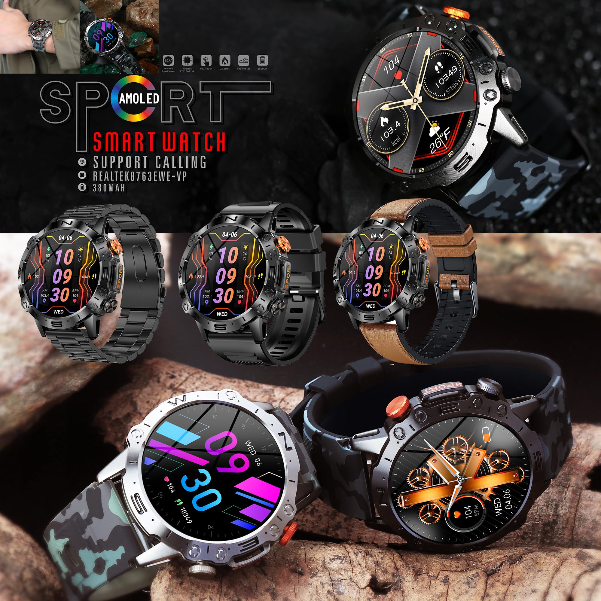 Smartwatch Męski, Inteligentny Zegarek Który Może Wykonywać i Odbierać Połączenia, 1,43” AMOLED Fitness Tracker 123 Sportowych Wodoodpornością Asystent Głosowy AI dla telefonów z Android iOS (czarny)